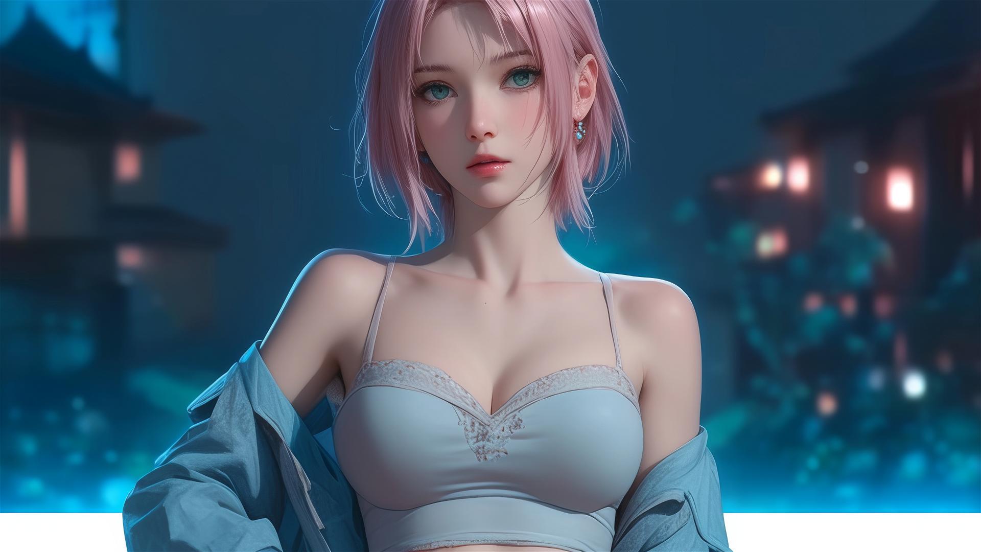 Sakura Haruno resting in an apartment under moonlight