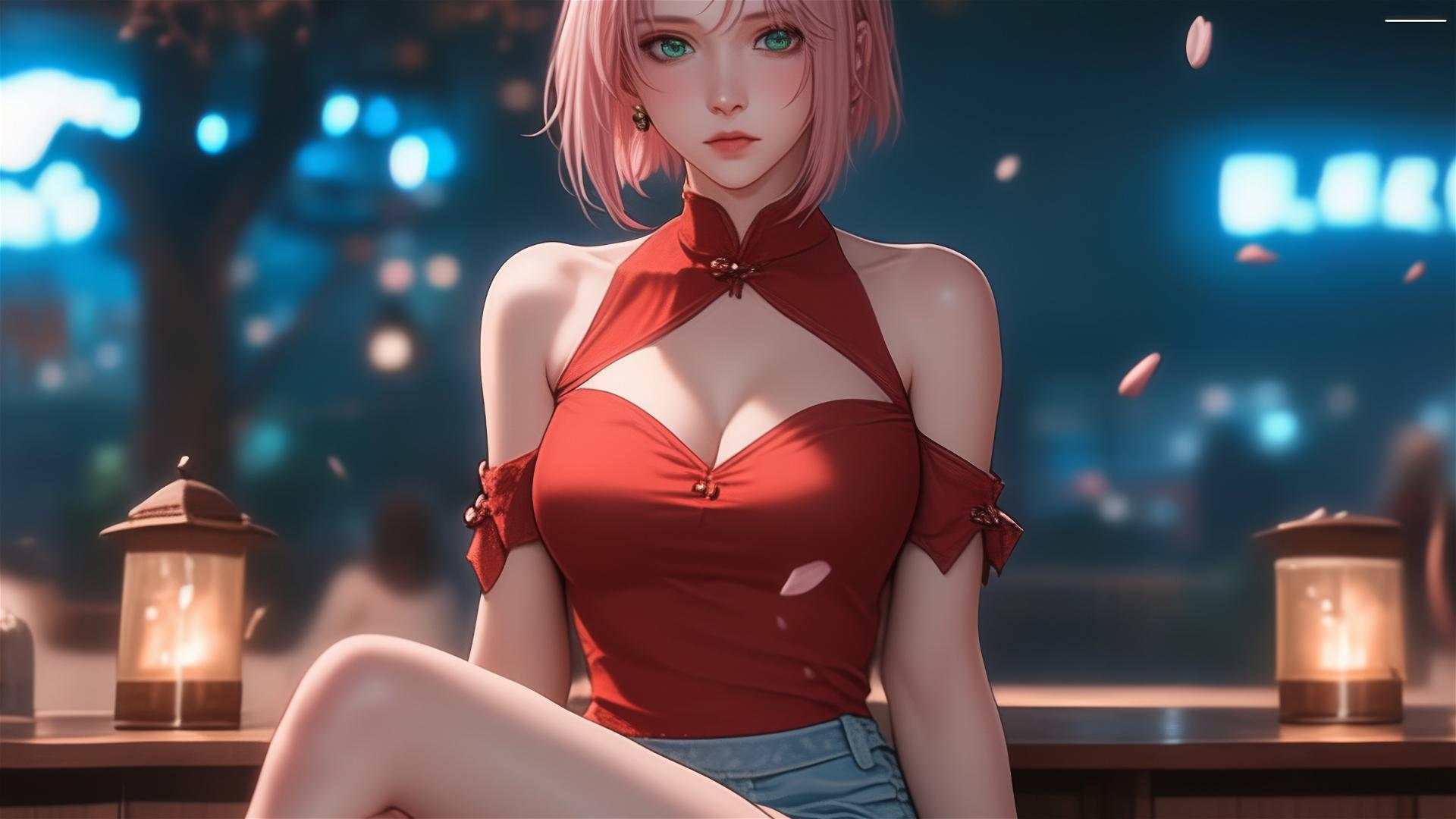 Sakura Haruno sitting in a bar under moonlight, short hair