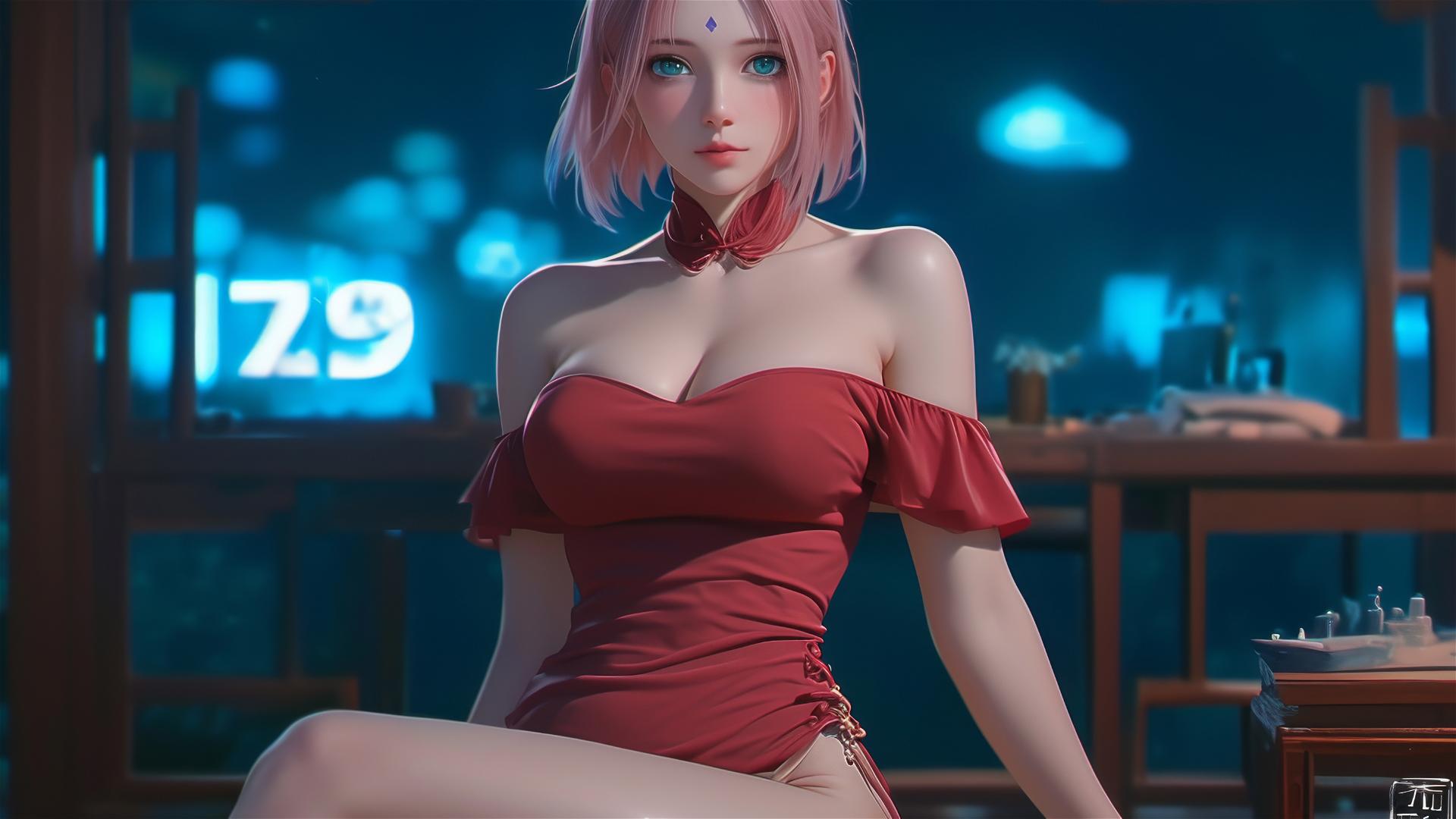 Sakura Haruno sitting in a bar under moonlight with short hair