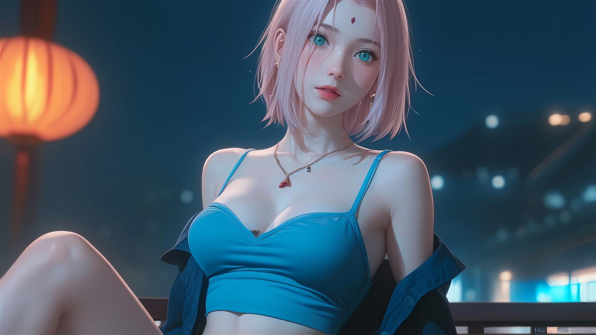 Sakura Haruno from Naruto sitting in a bar under moonlight with short hair