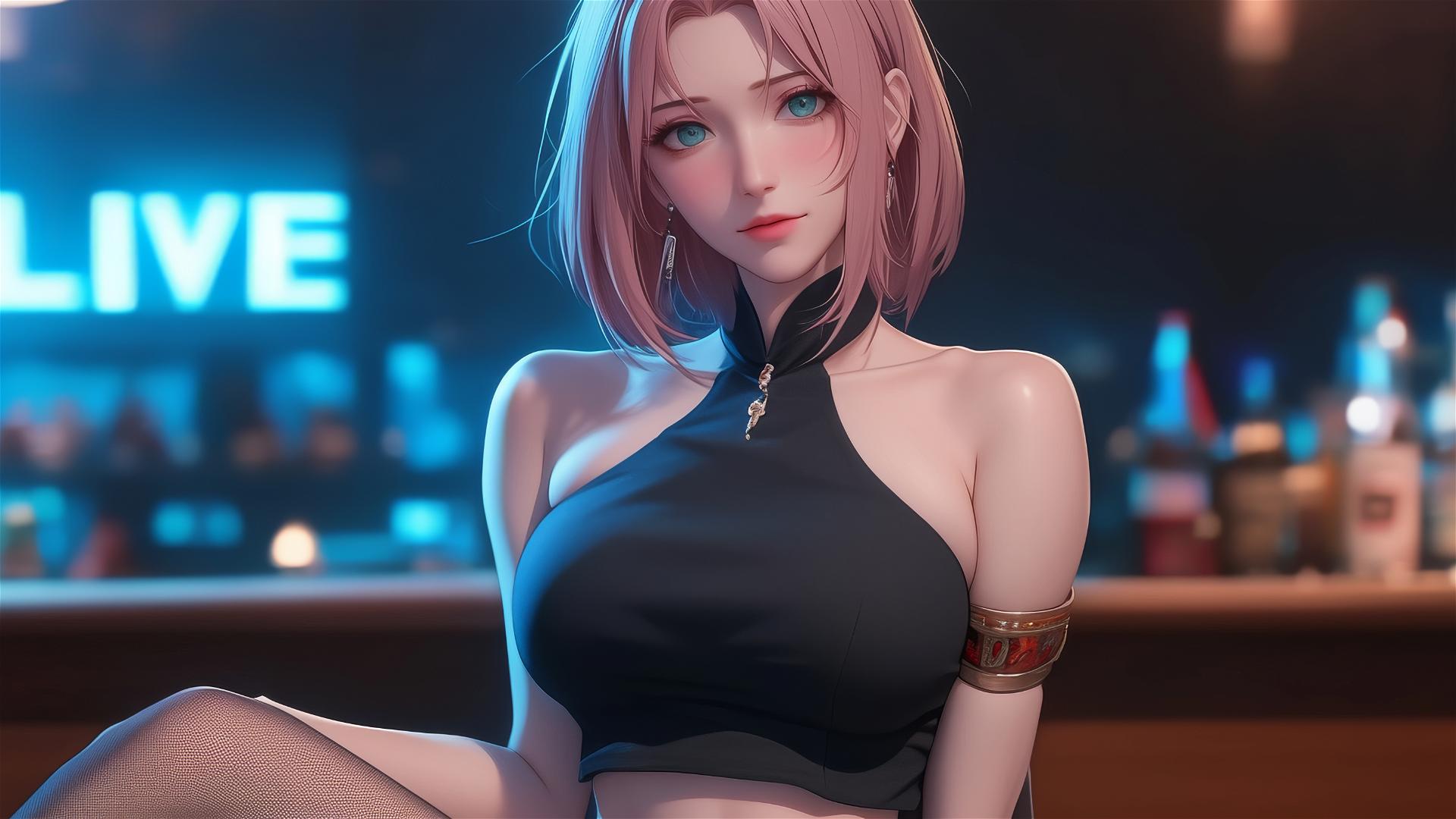 Sakura Haruno sitting in a bar under moonlight