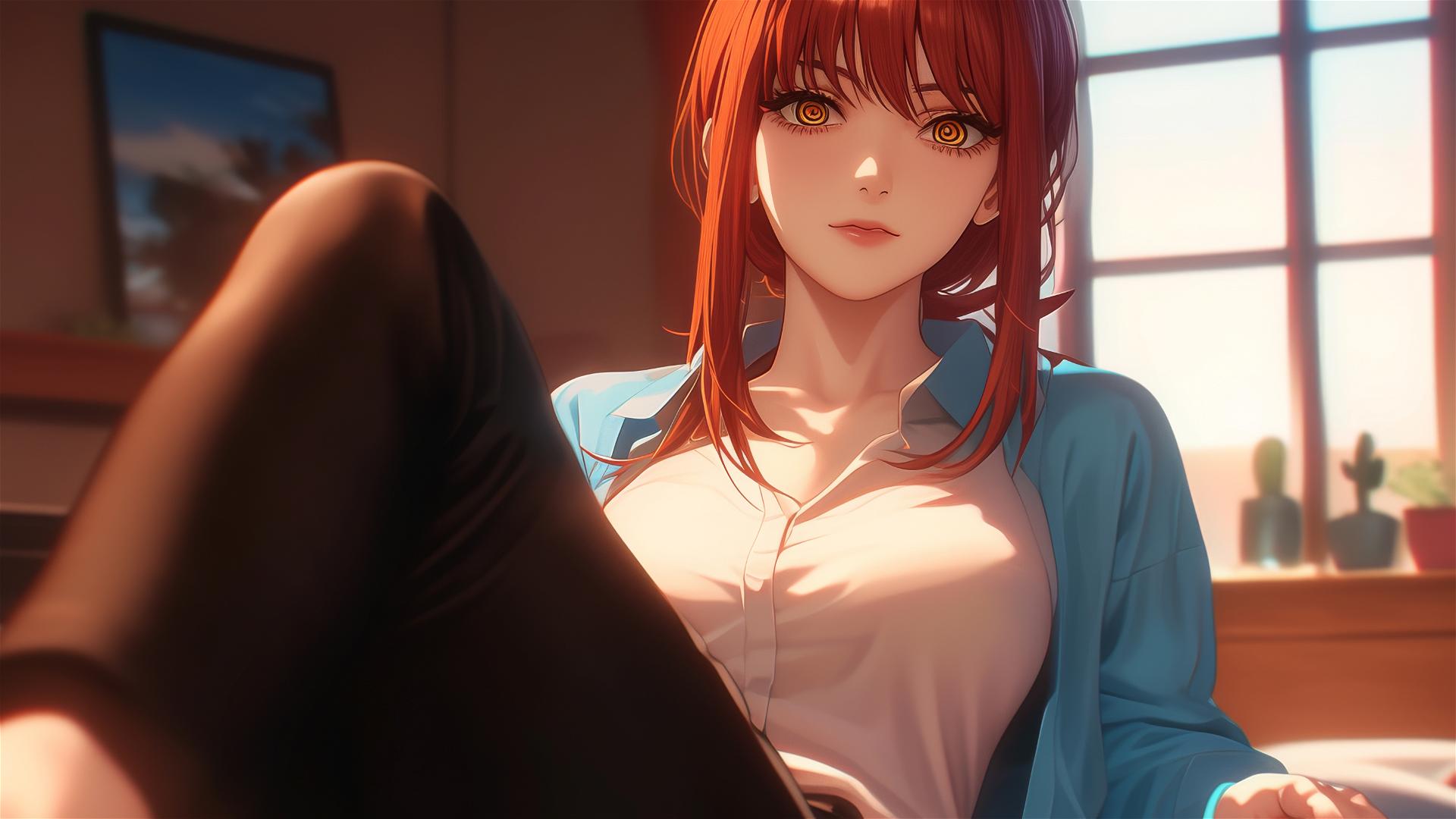 Close-up of Makima's foot, red hair, relaxing in room.