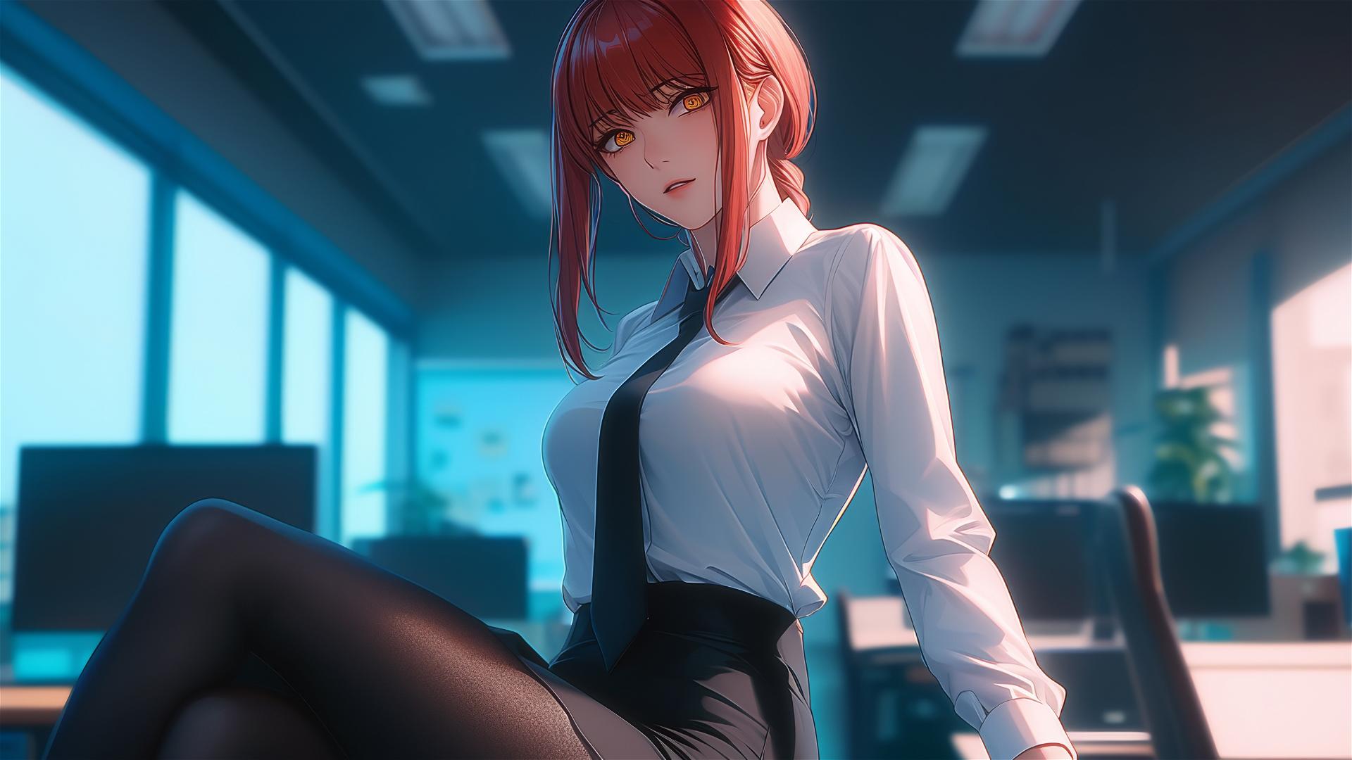 Close-up of Makima's foot from Chainsaw Man, dynamic pose in office