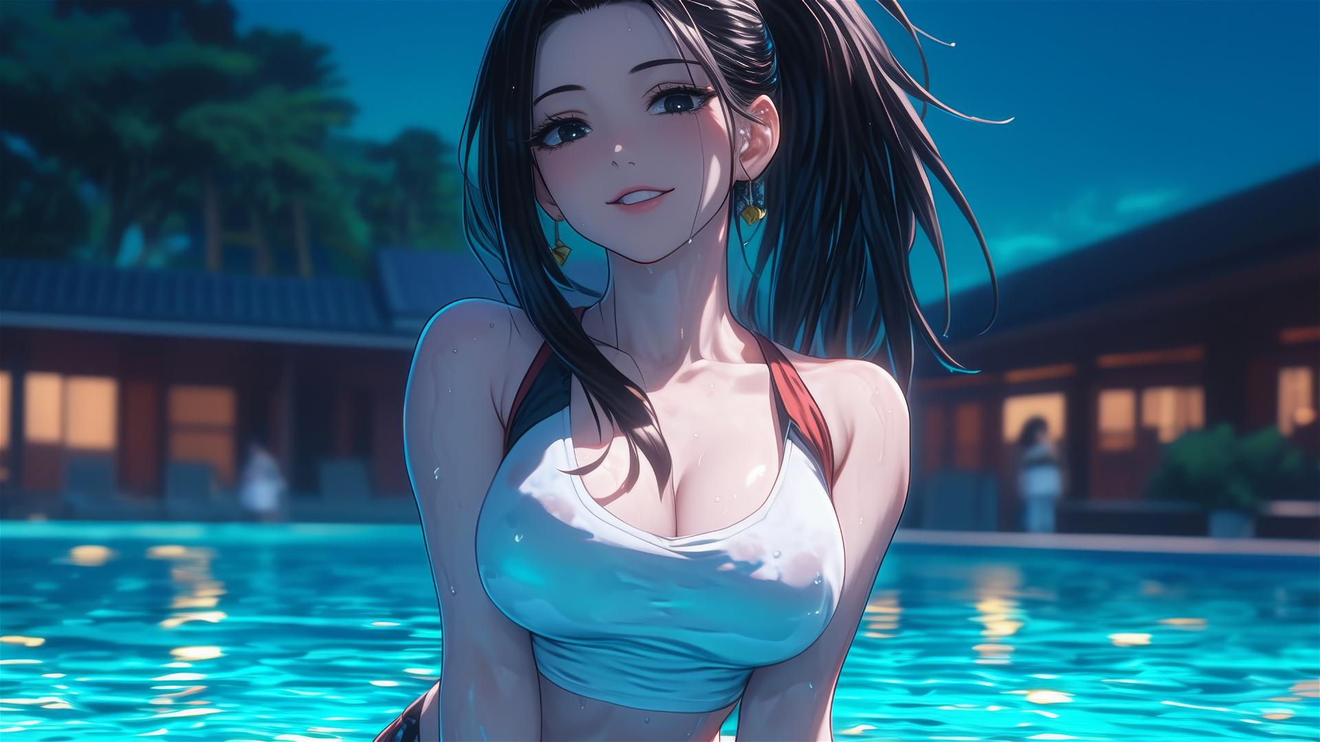 Momo Yaoyorozu resting by a pool under moonlight