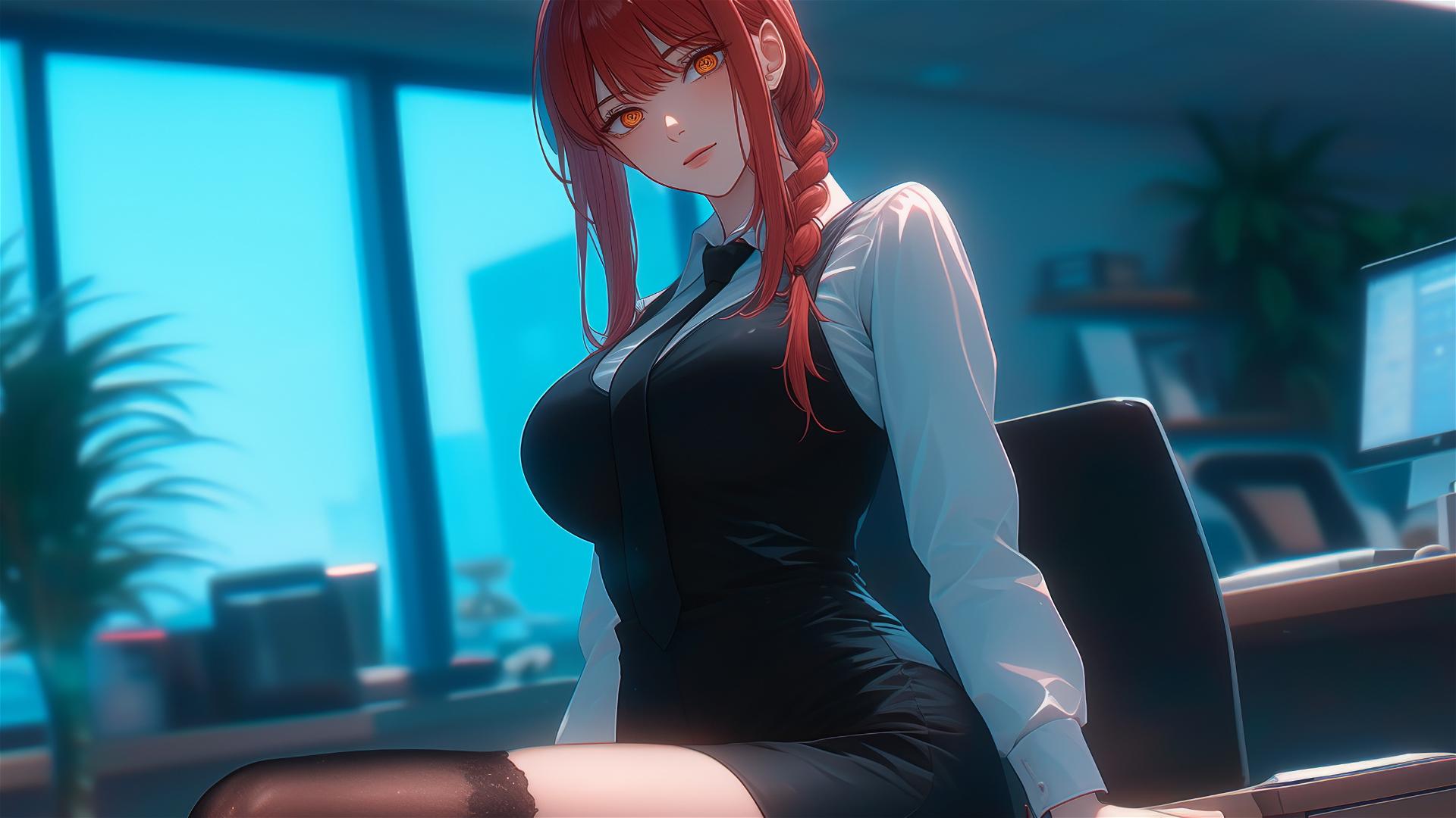 Makima from Chainsaw Man standing in office, ground-up view focusing on thighs, red hair