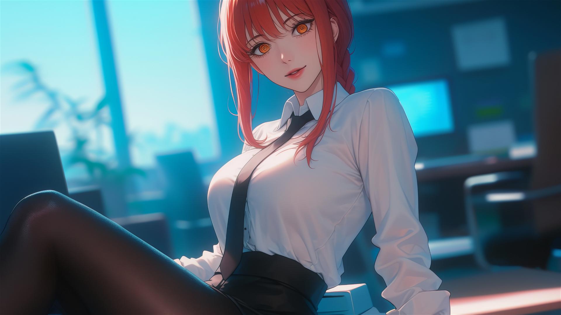 Makima from Chainsaw Man standing in an office, viewed from below