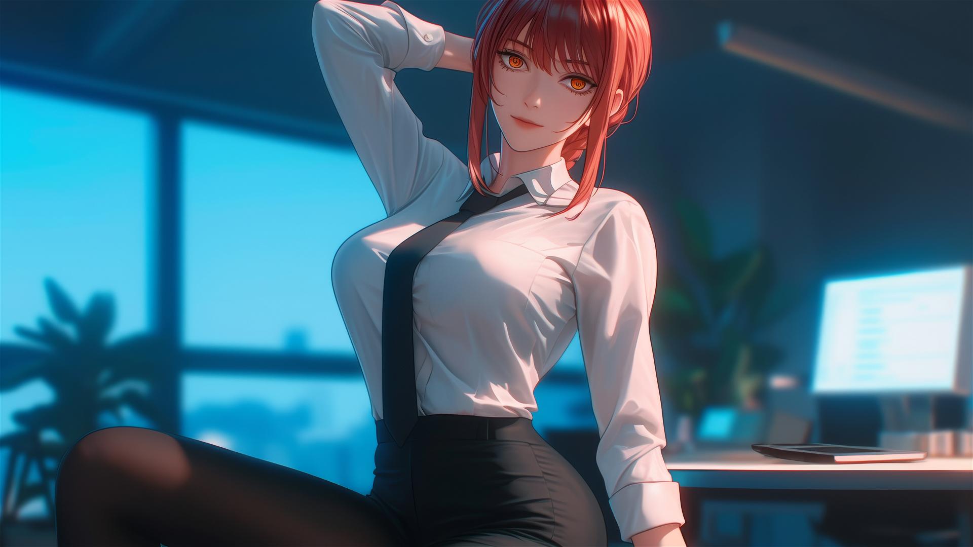 Makima standing in office with dynamic pose and red hair viewed from below