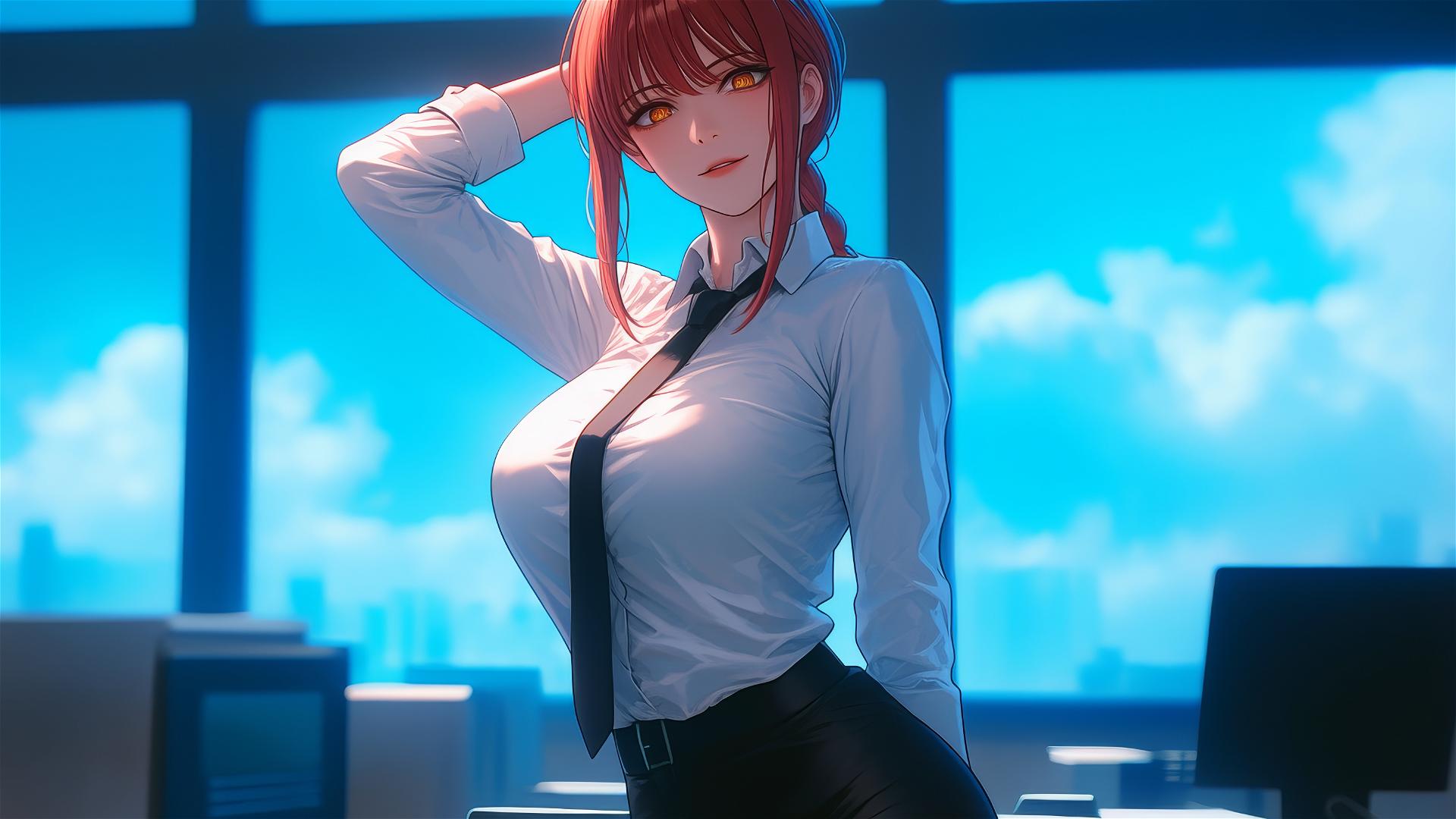 Makima standing in office with dynamic pose focusing on thighs, red hair visible