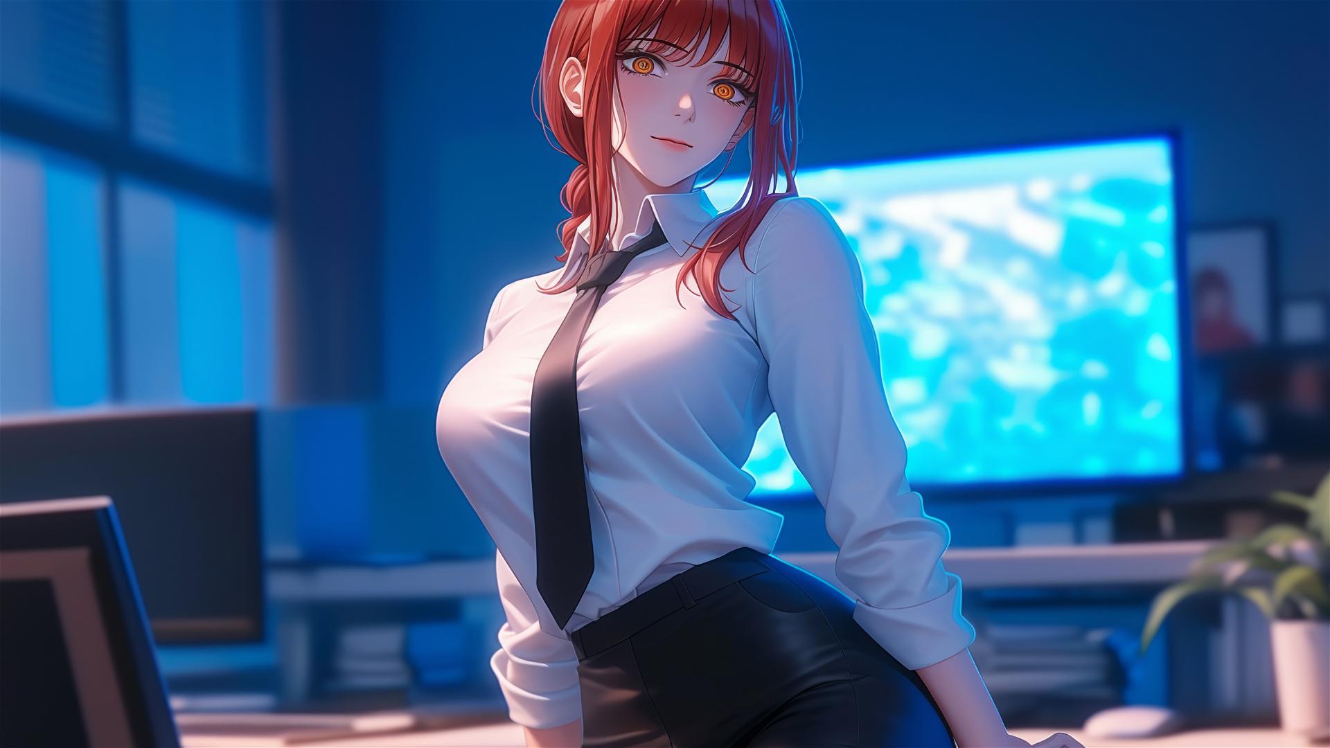 Makima from Chainsaw Man stands in office, dynamic pose with thigh focus, red hair