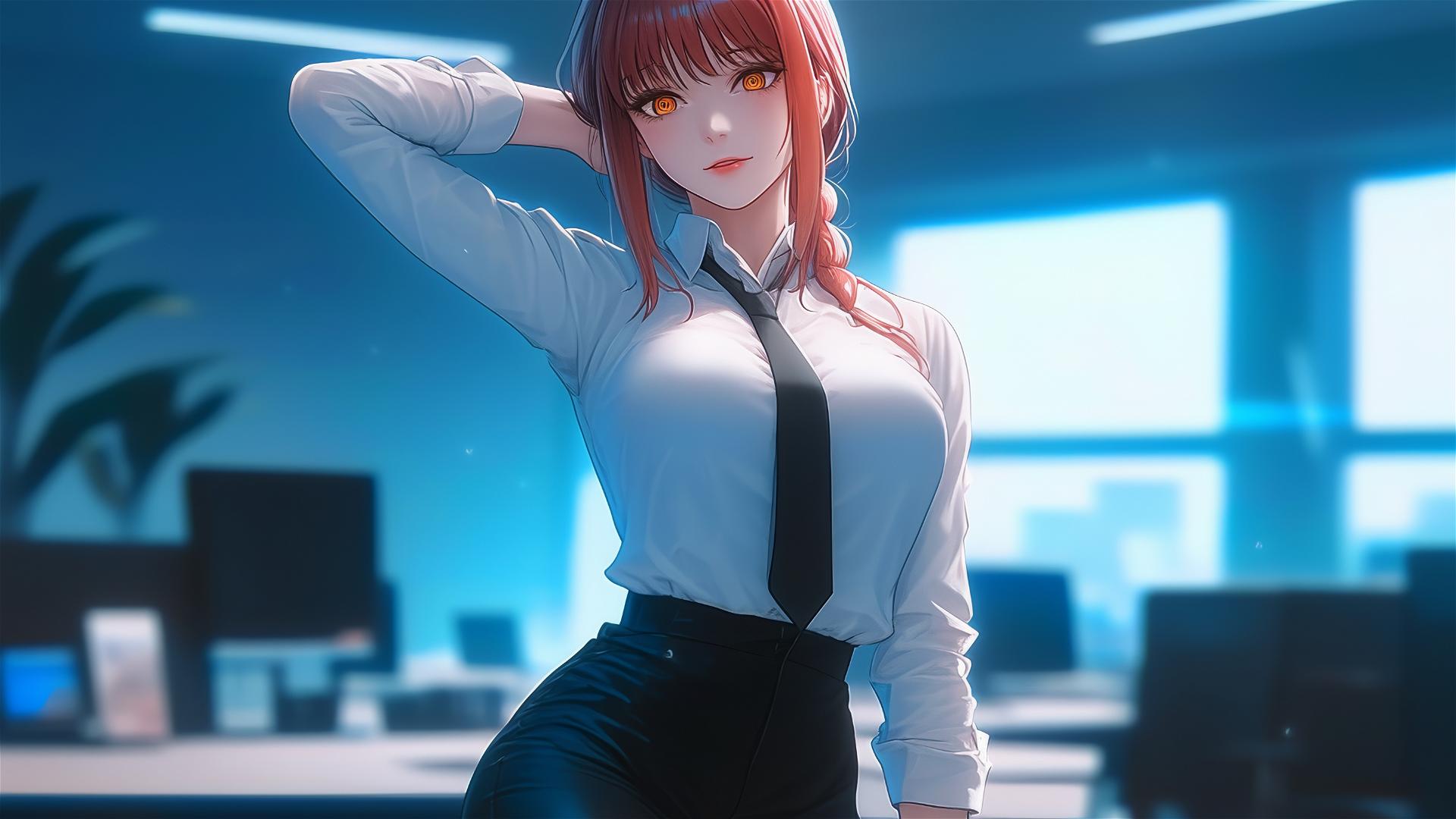 Makima from Chainsaw Man standing in office, dynamic pose, thigh focus, red hair