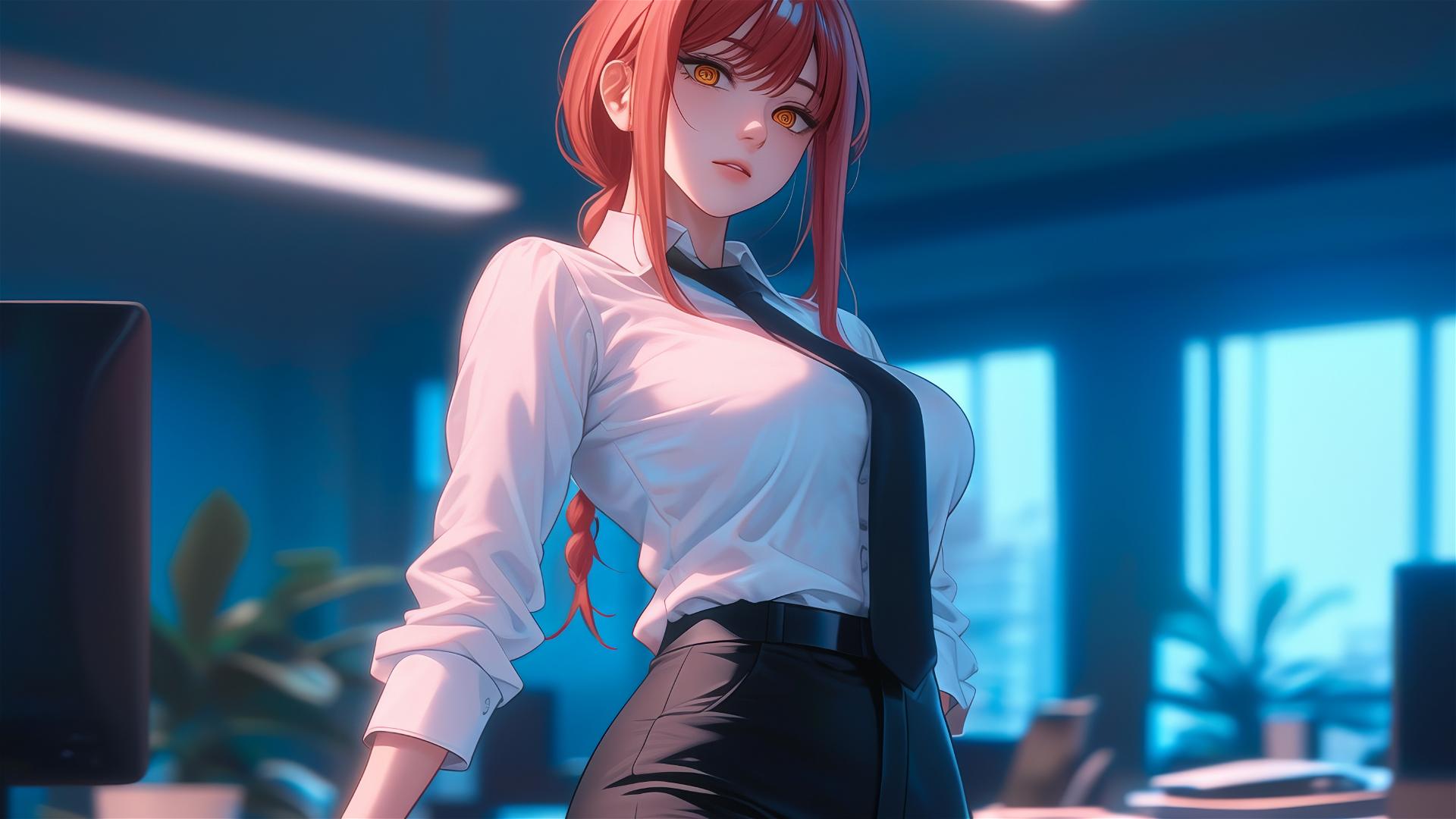 Makima from Chainsaw Man standing in office, dynamic pose, red hair focus