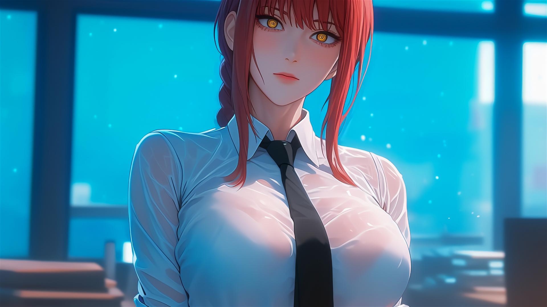 Makima from Chainsaw Man standing in office with focus on thighs and reddish hair