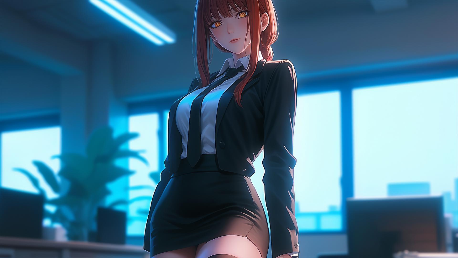 Makima from Chainsaw Man standing in an office, focus on thighs, red hair