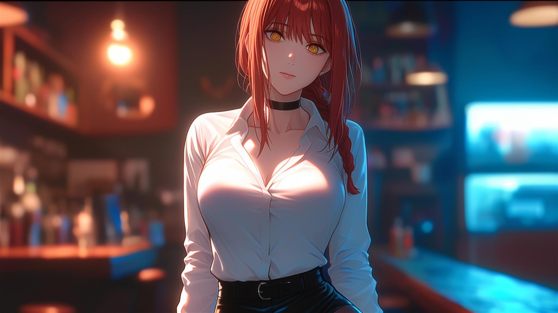 Makima from Chainsaw Man standing in a bar, focusing on thighs, with reddish hair