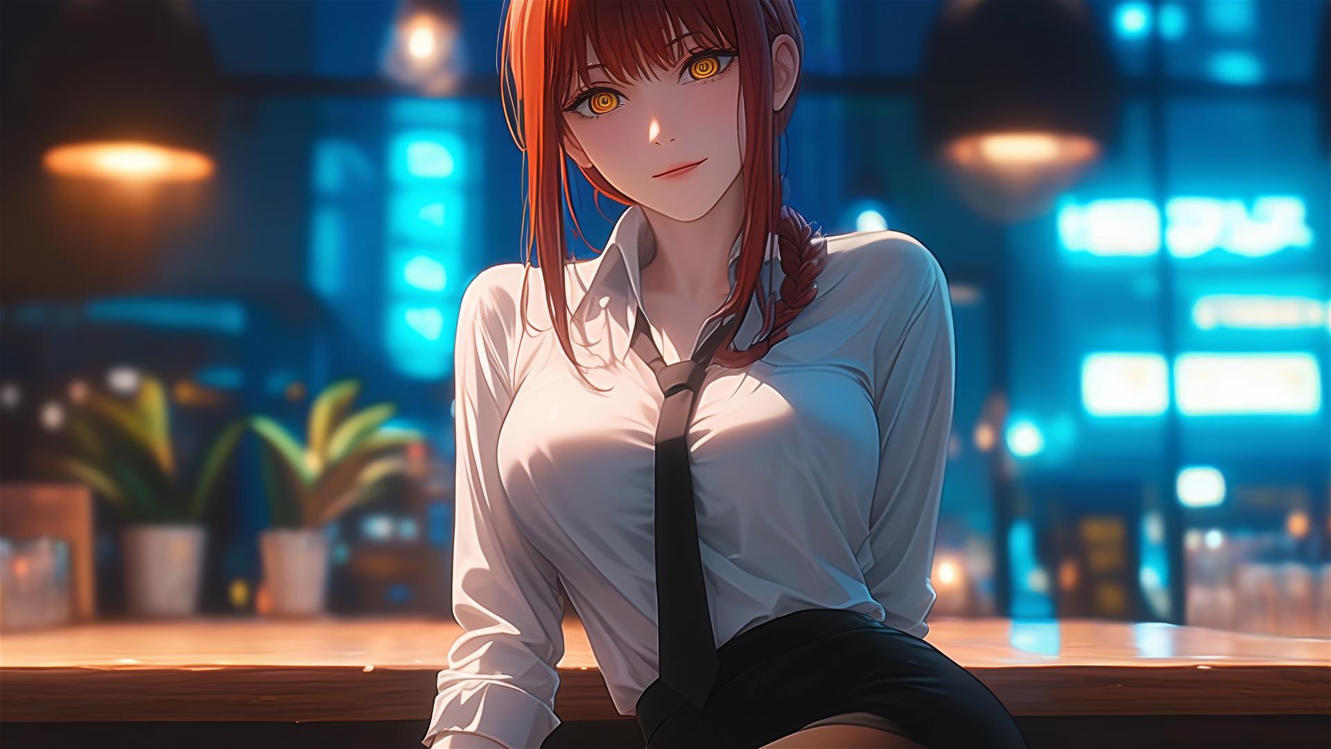 Makima from Chainsaw Man in a bar, focusing on thighs, red hair.
