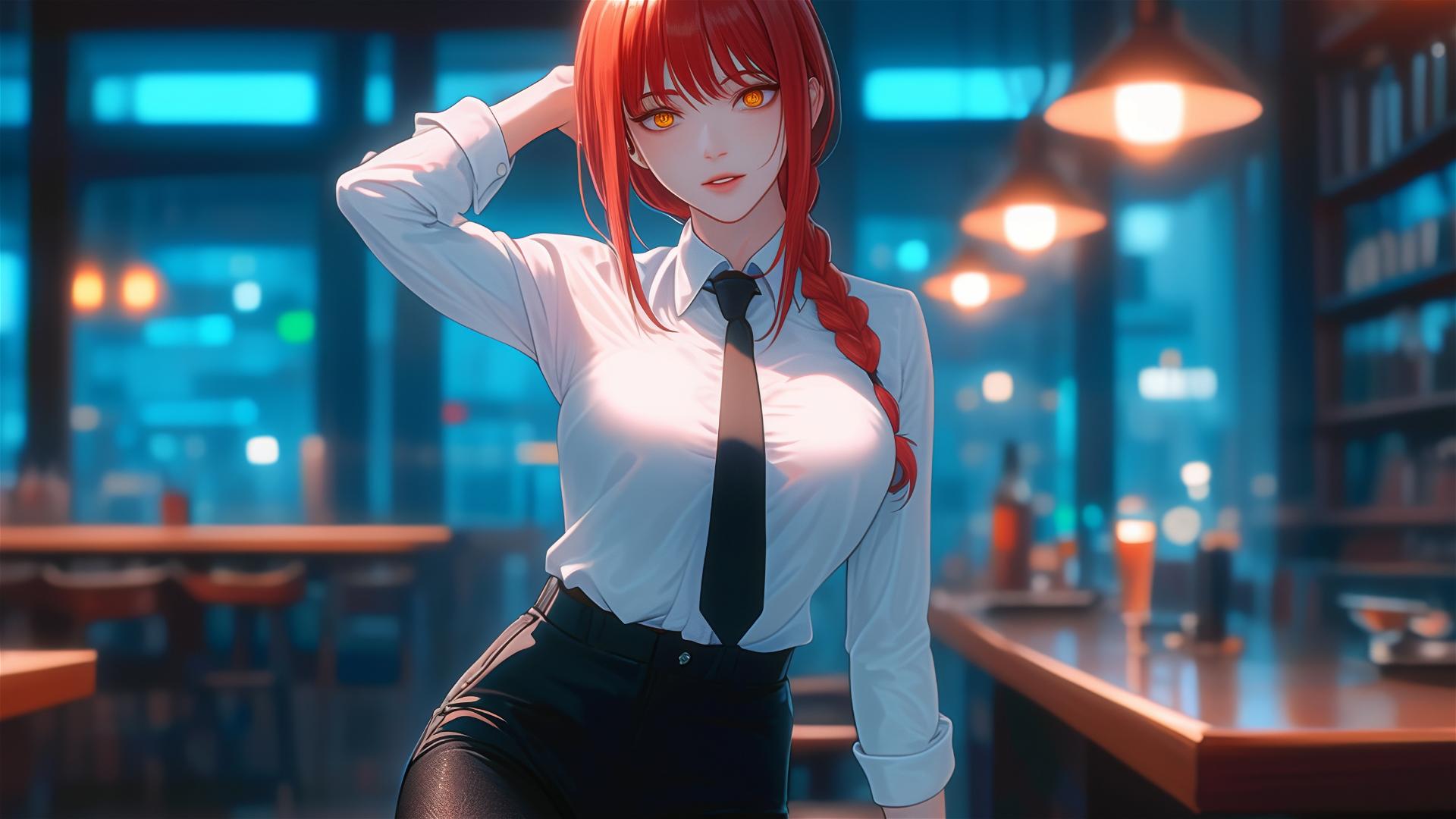 Makima standing in a bar with focus on thighs, red hair visible.