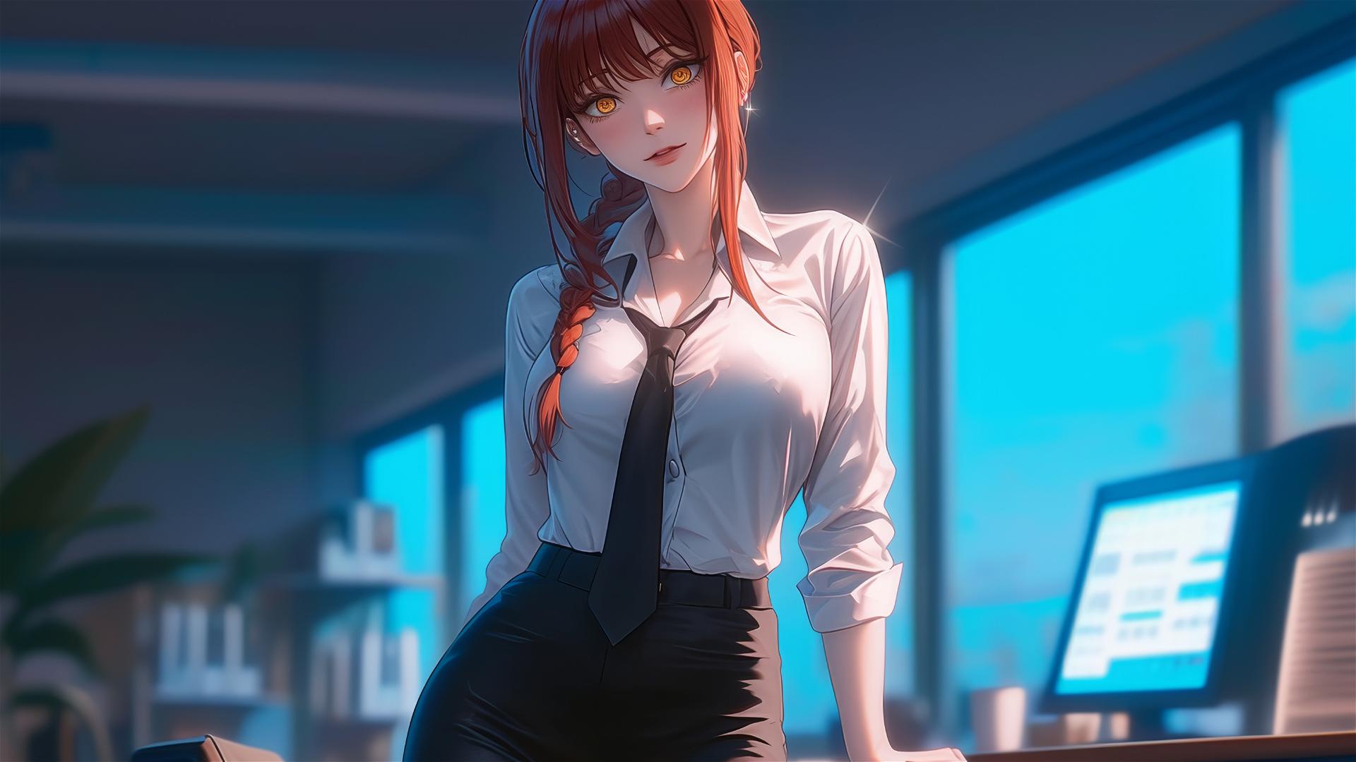 Makima from Chainsaw Man standing in an office, focusing on thighs, red hair