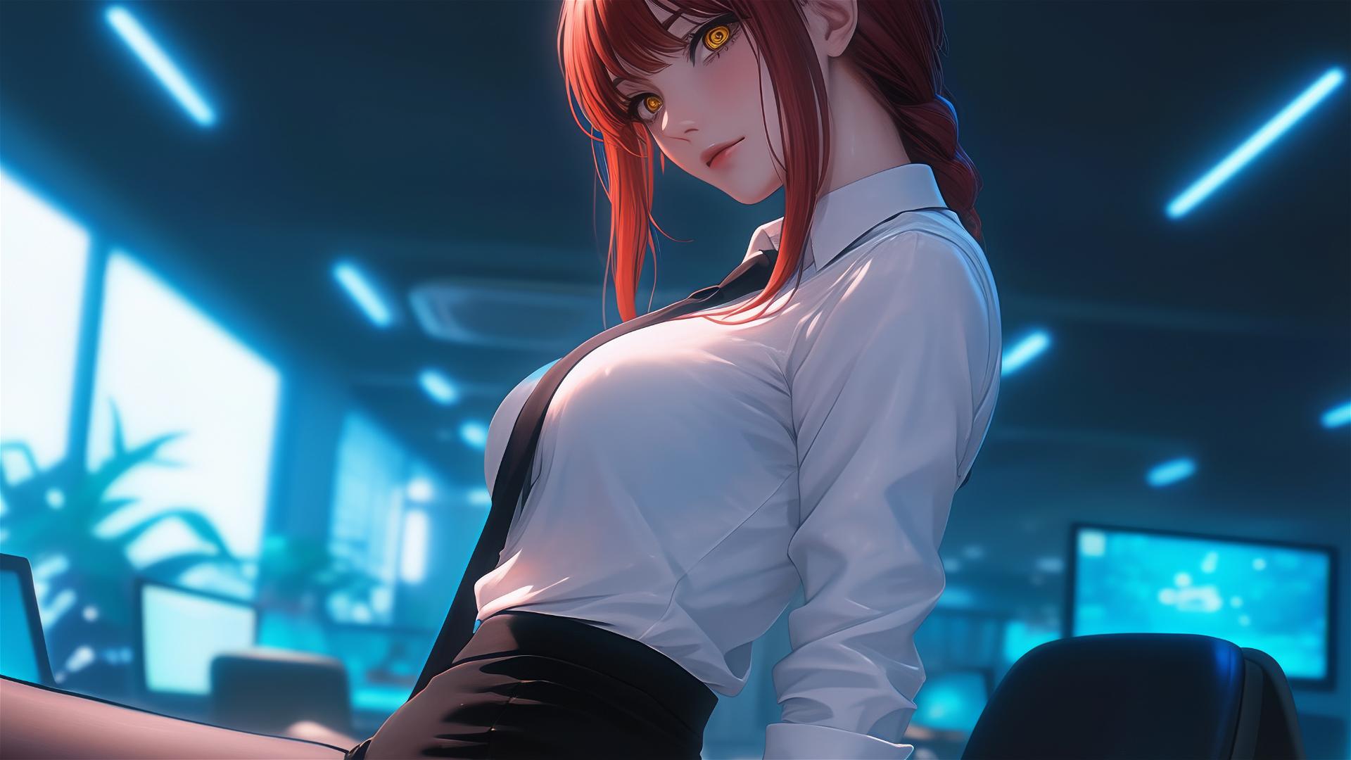 Makima from Chainsaw Man standing leisurely in an office, focusing on her thighs and red hair.