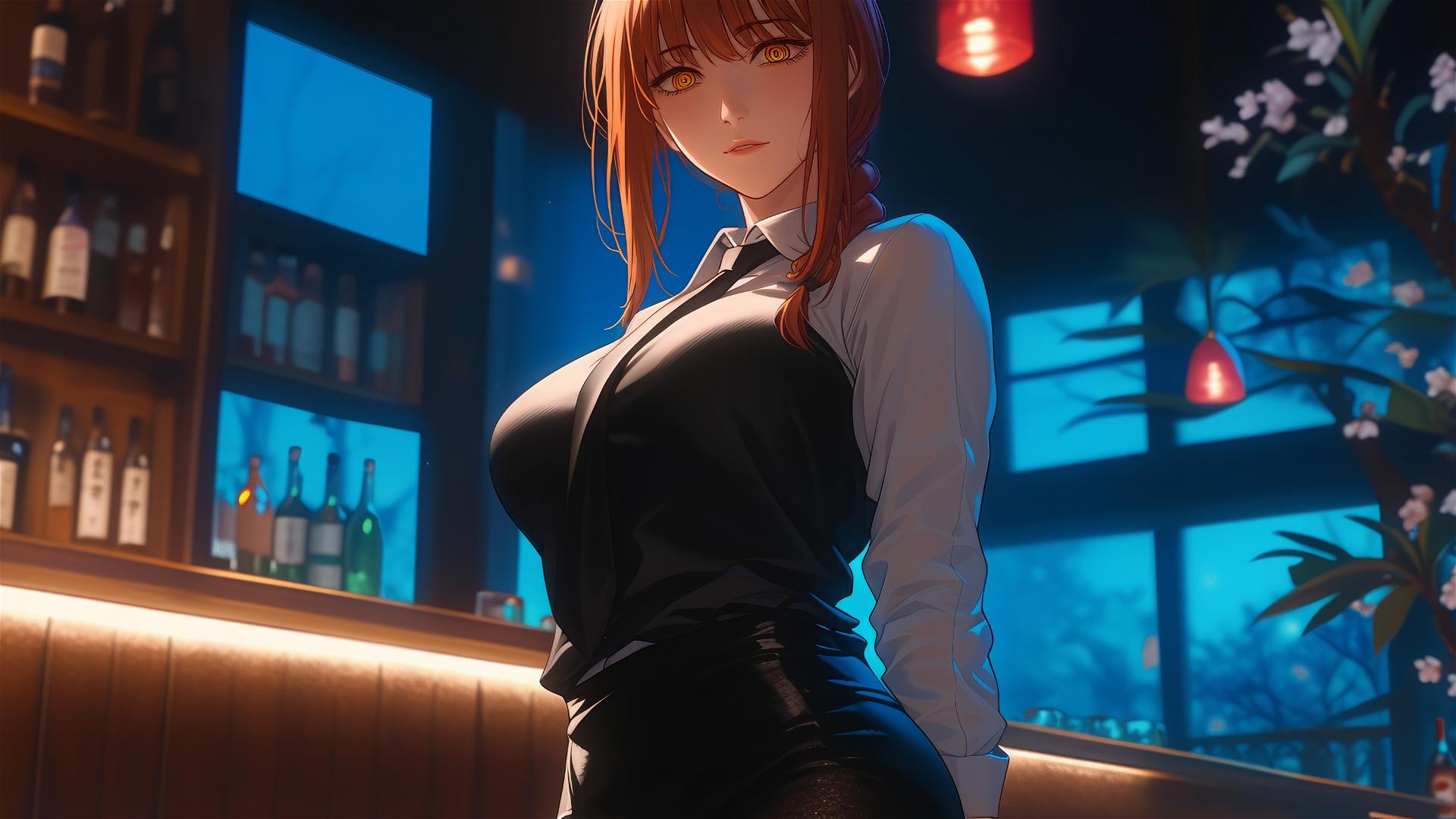 Makima from Chainsaw Man standing in a bar, focus on her thighs, red hair