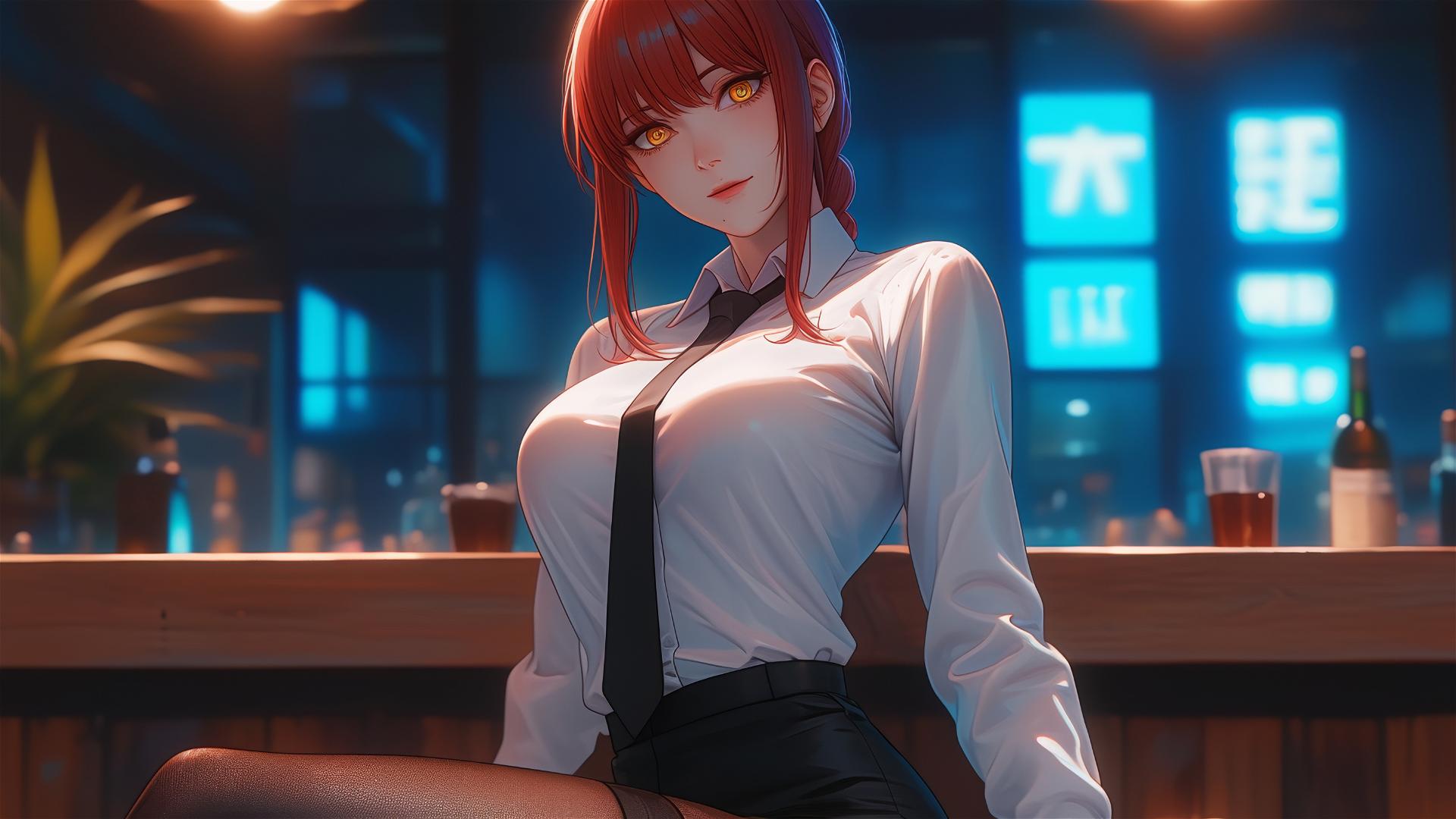 Makima from Chainsaw Man standing in a bar, focus on thighs, red hair