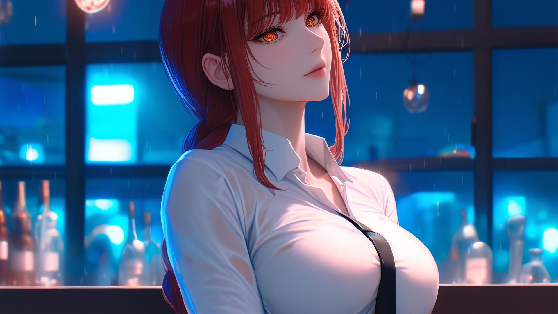 Makima from Chainsaw Man in bar with moonlight glow