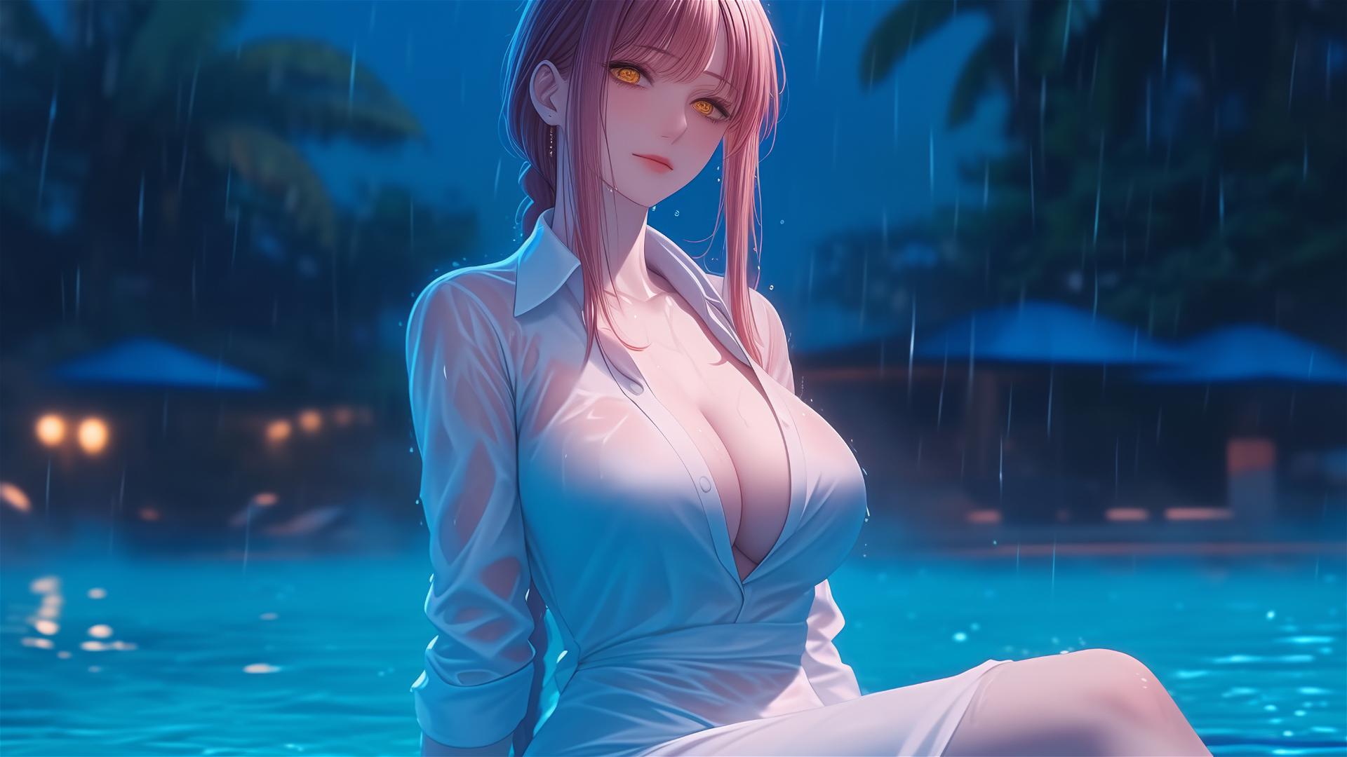 Makima from Chainsaw Man resting by pool in moonlight with rain