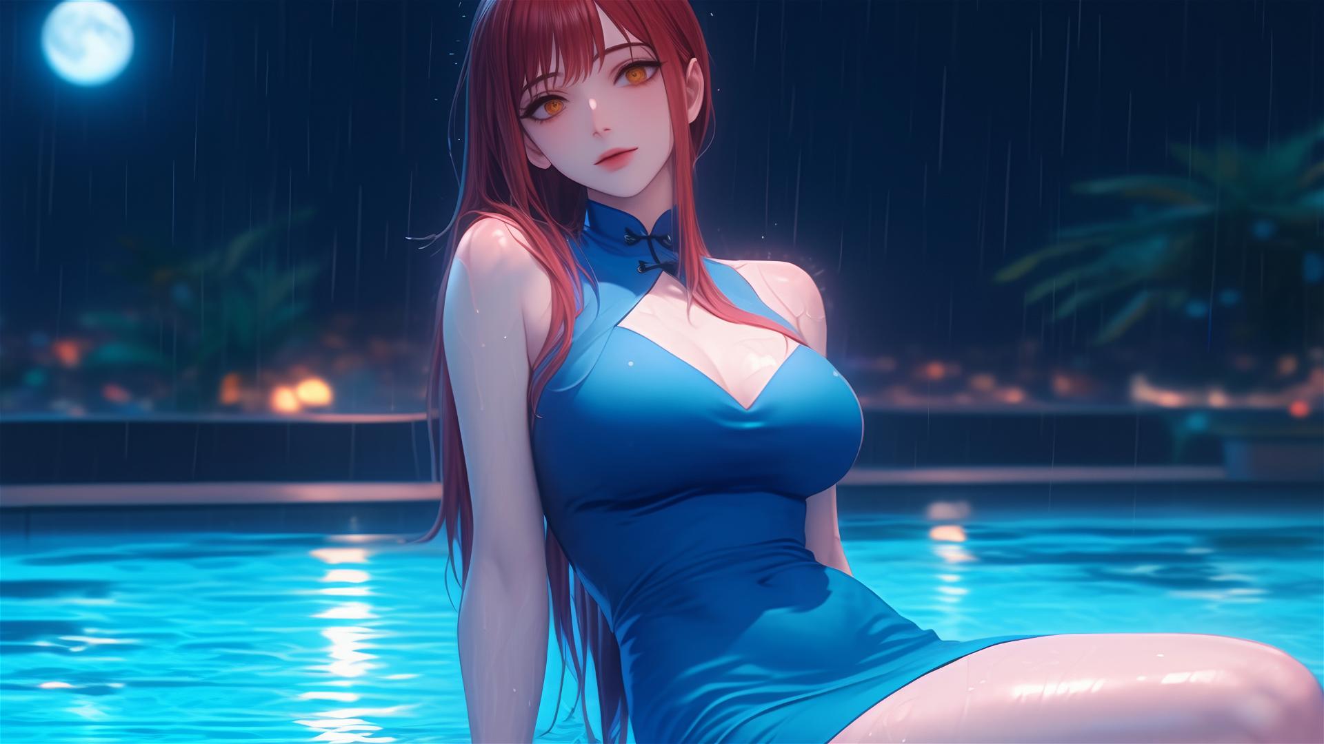 Makima from Chainsaw Man resting by pool in moonlight with pink dress and blonde hair