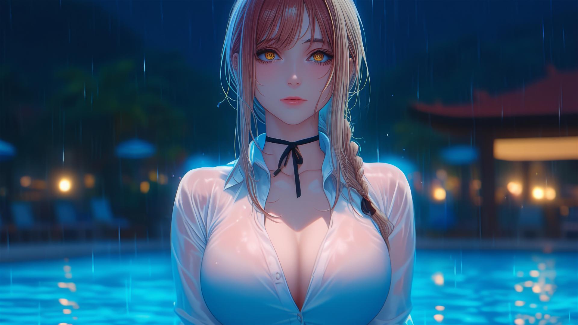 Makima from Chainsaw Man resting by a pool in the moonlight, with rain and pink dress