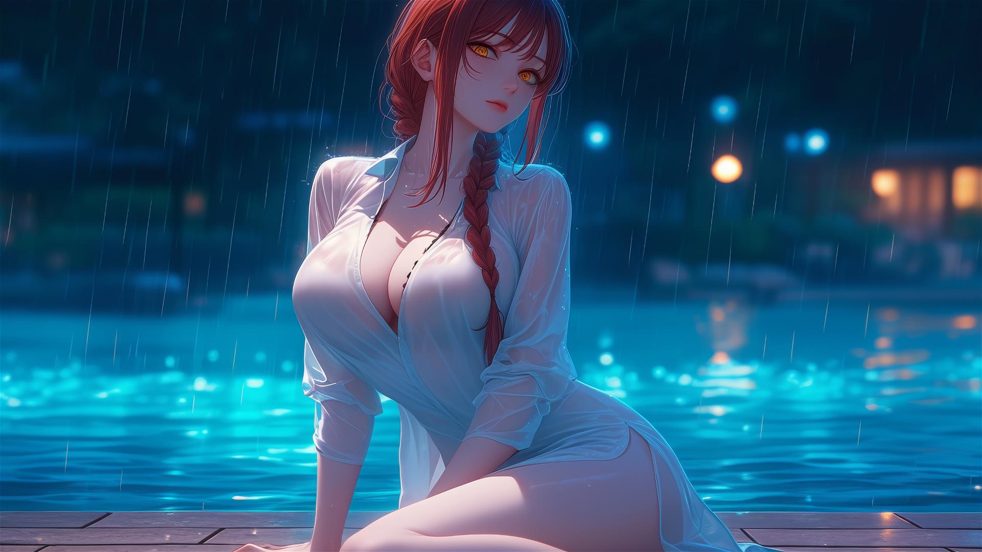 Makima from Chainsaw Man resting by a pool in moonlight with pink dress and red-blonde hair in heavy rain