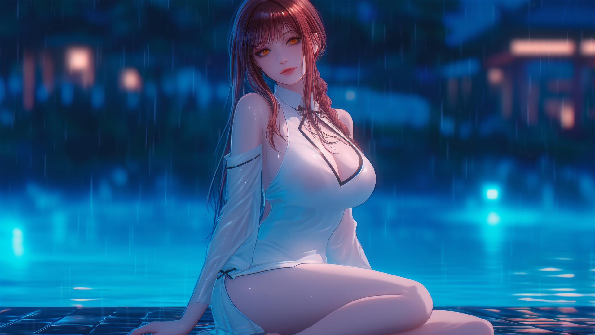 Makima from Chainsaw Man resting by a pool under moonlight and rain