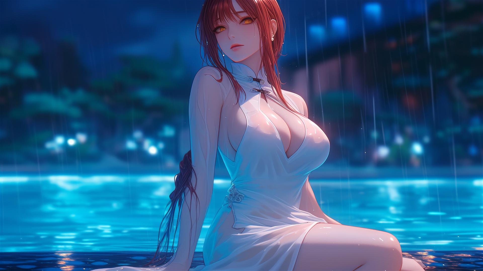 Makima from Chainsaw Man resting by pool in moonlight, pink dress, blonde and red hair in rain