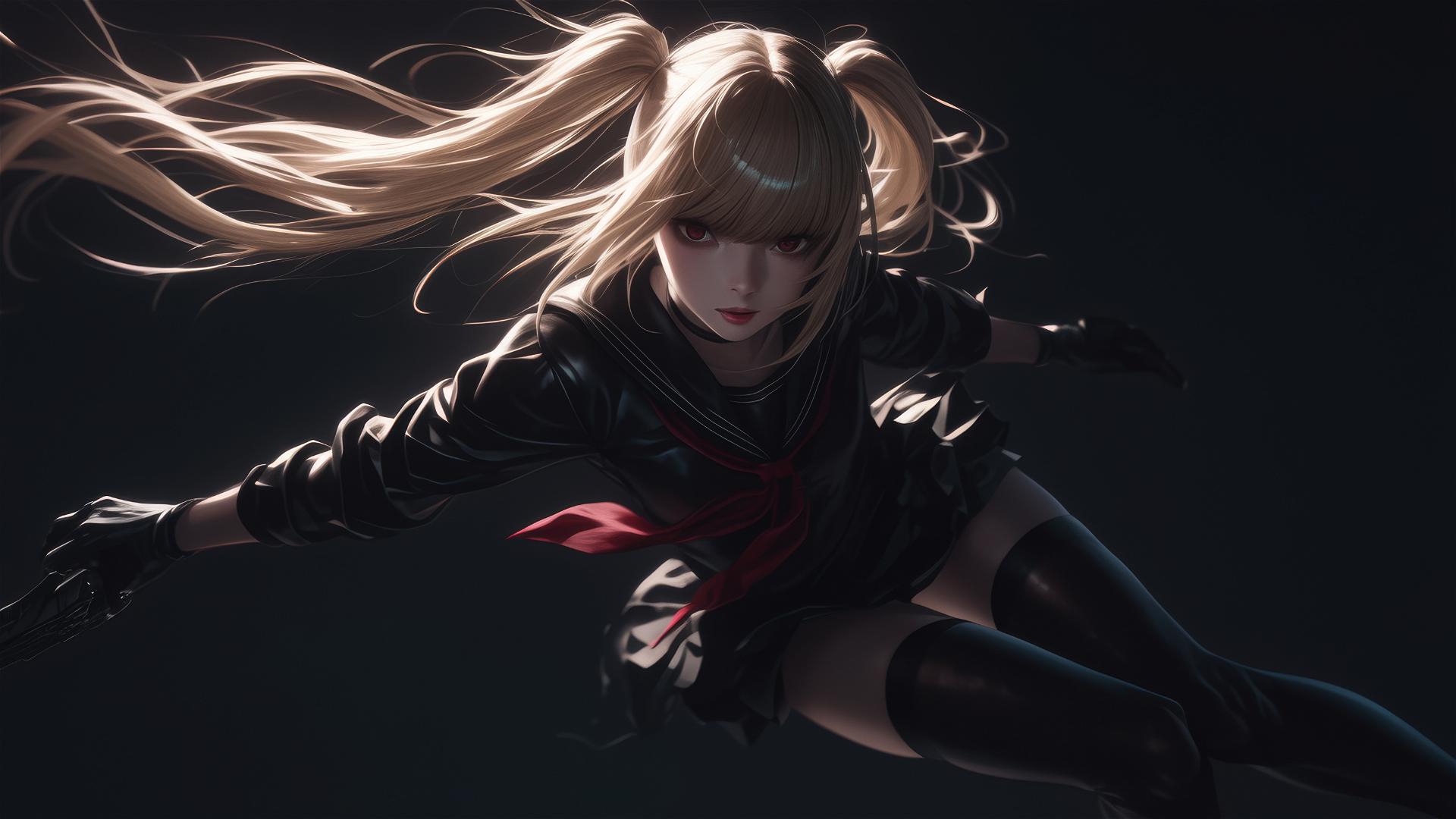 Misa Amane from Death Note in dynamic pose on dark background