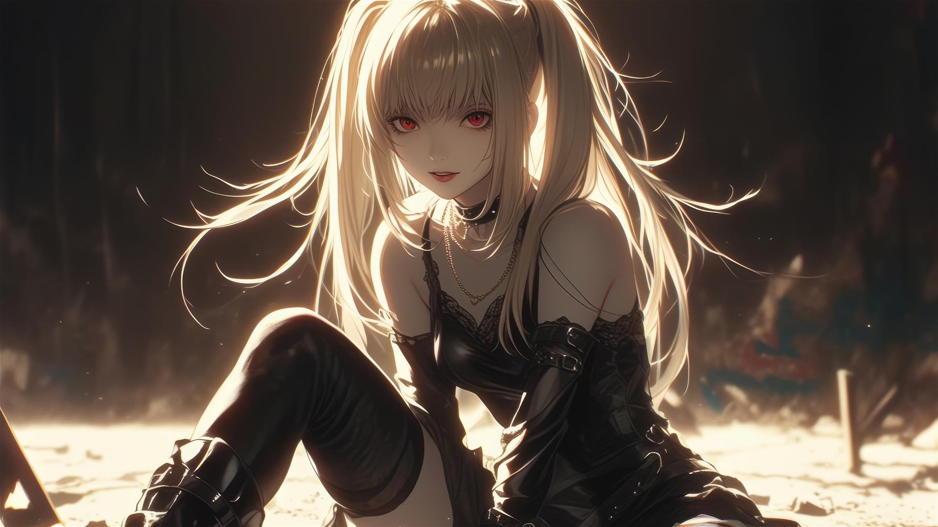 Misa Amane from Death Note with red eyes in a dynamic pose on a dark background