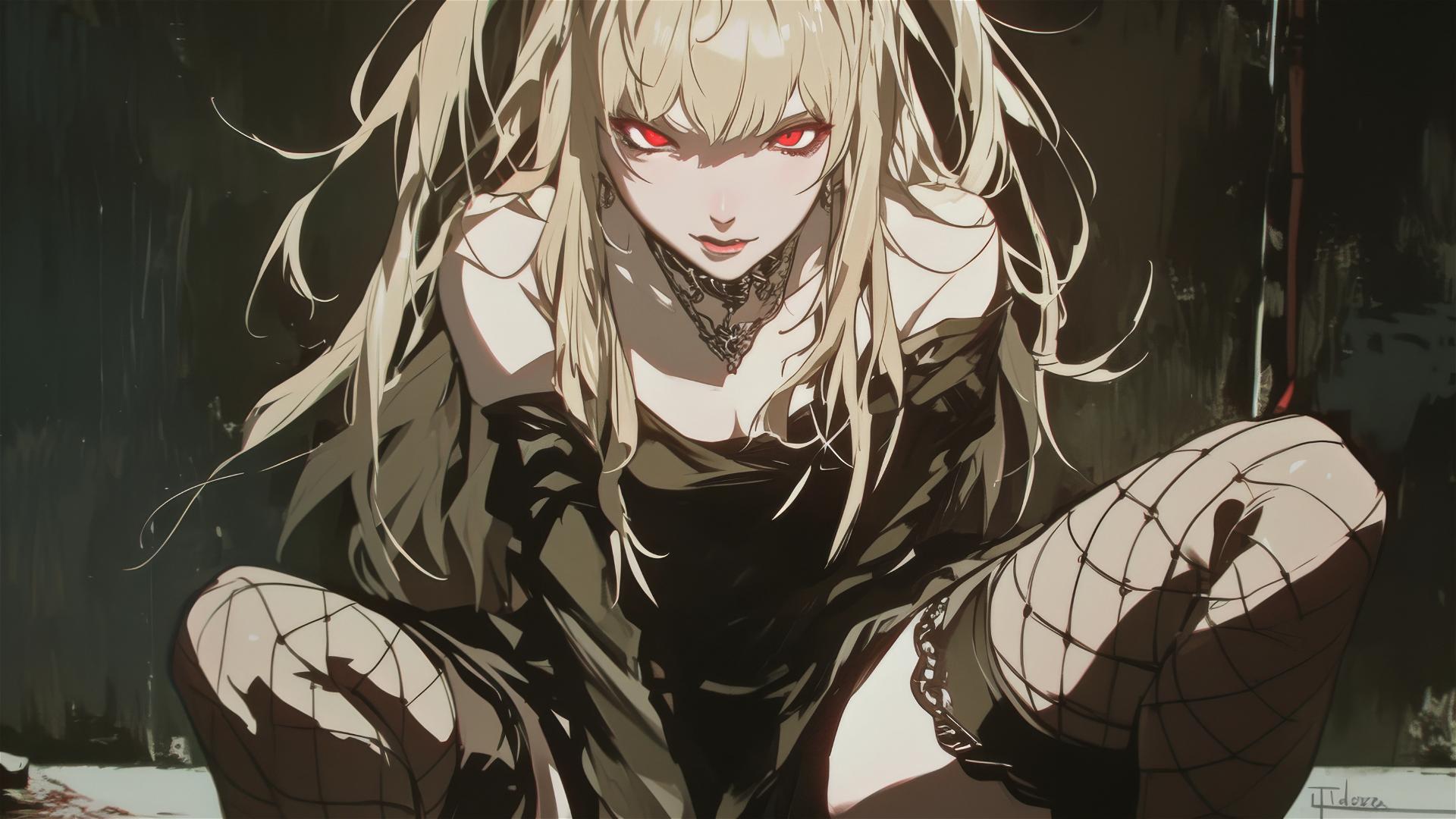 Misa Amane with red eyes in dynamic pose on dark background