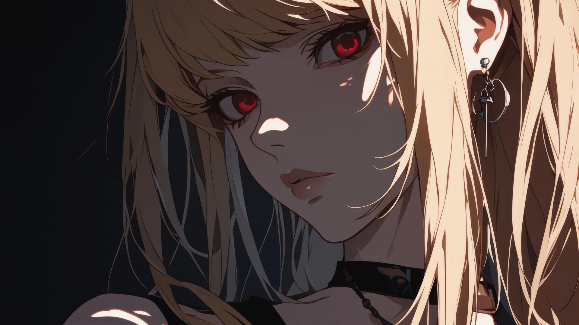 Misa Amane from Death Note with red eyes on dark background
