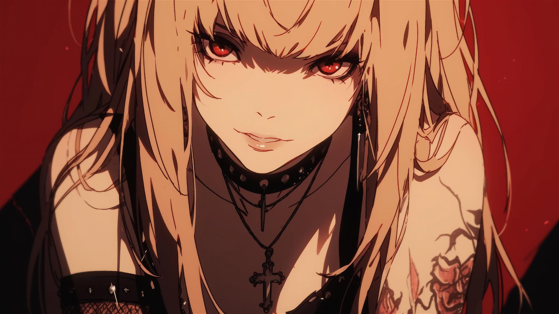 Misa Amane from Death Note with red eyes on dark background