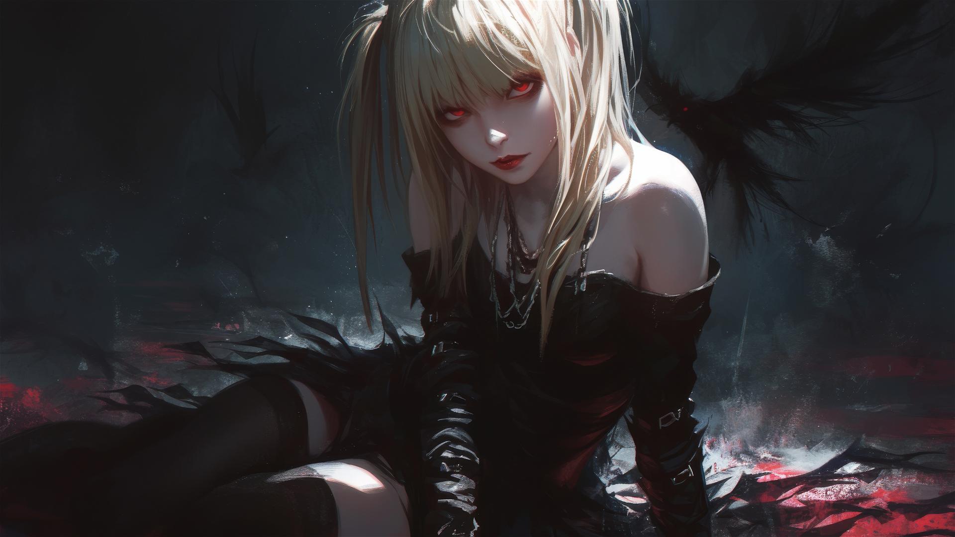 Misa Amane from Death Note with red eyes on dark background, spotlight effect