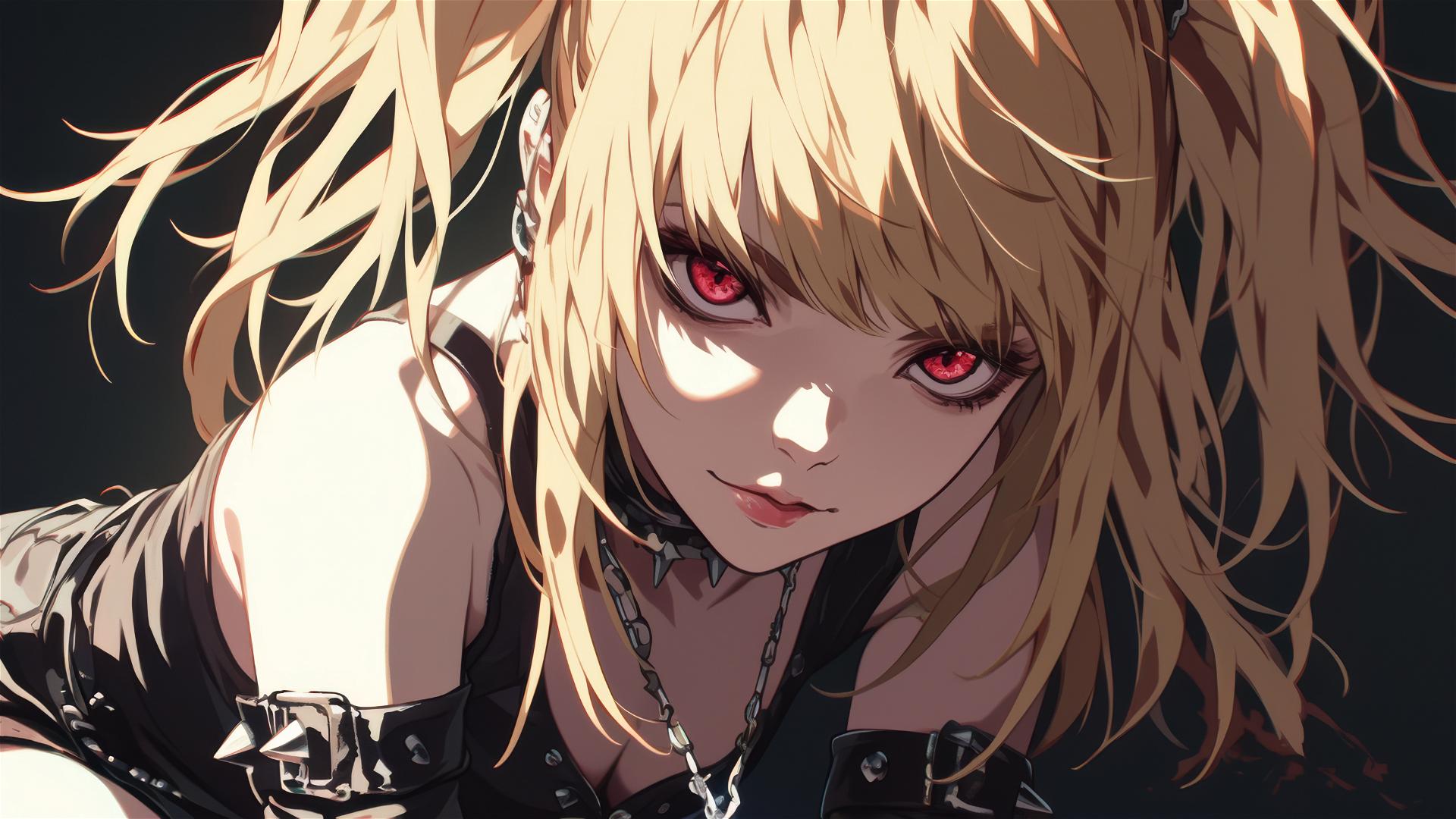 Misa Amane with red eyes on dark background with spotlight