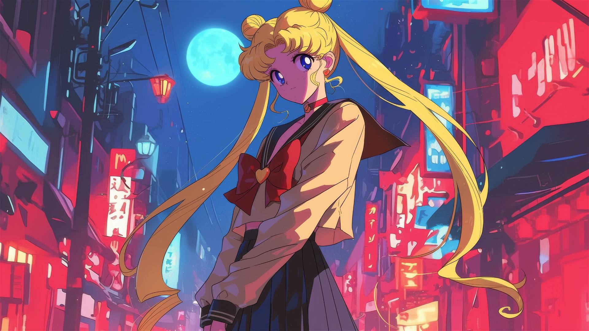 Sailor Moon dressed as a detective in neon Tokyo