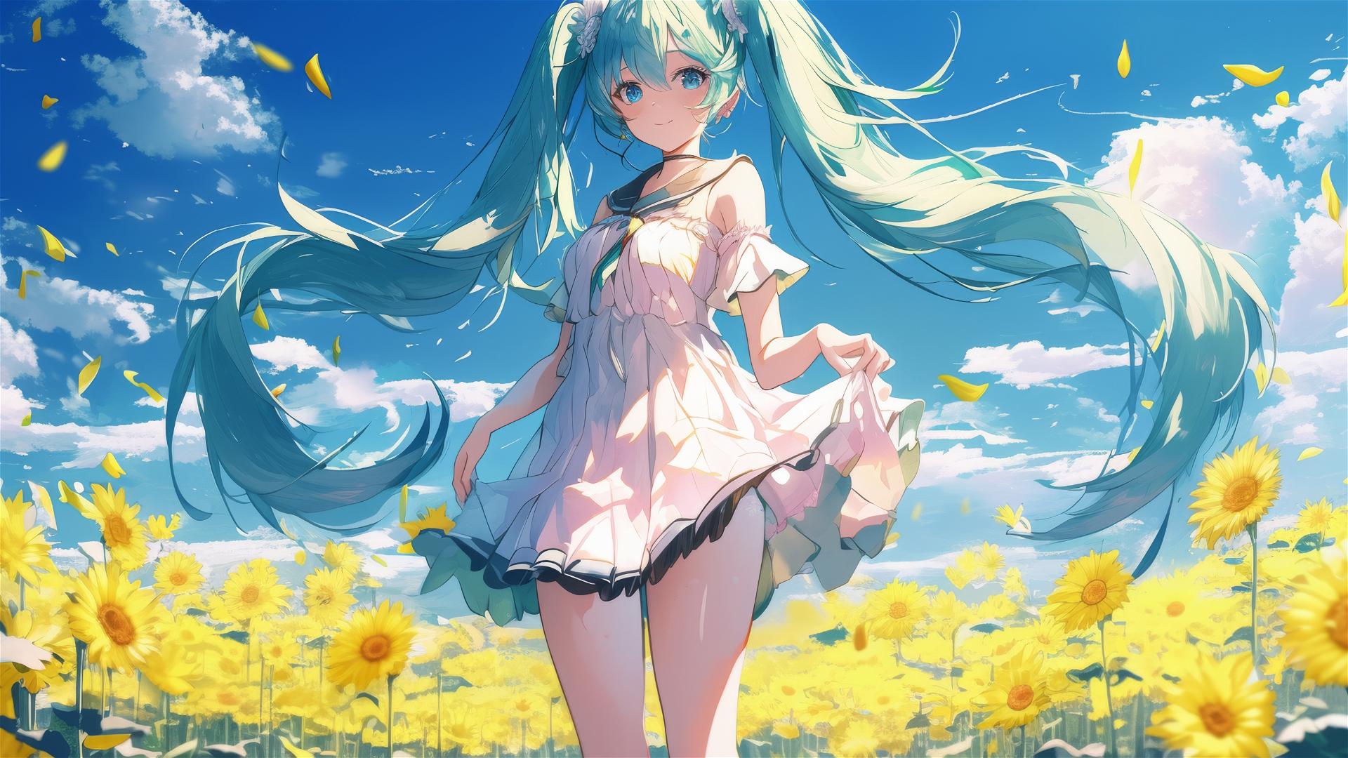 Hatsune Miku in summer dress in sunflower field
