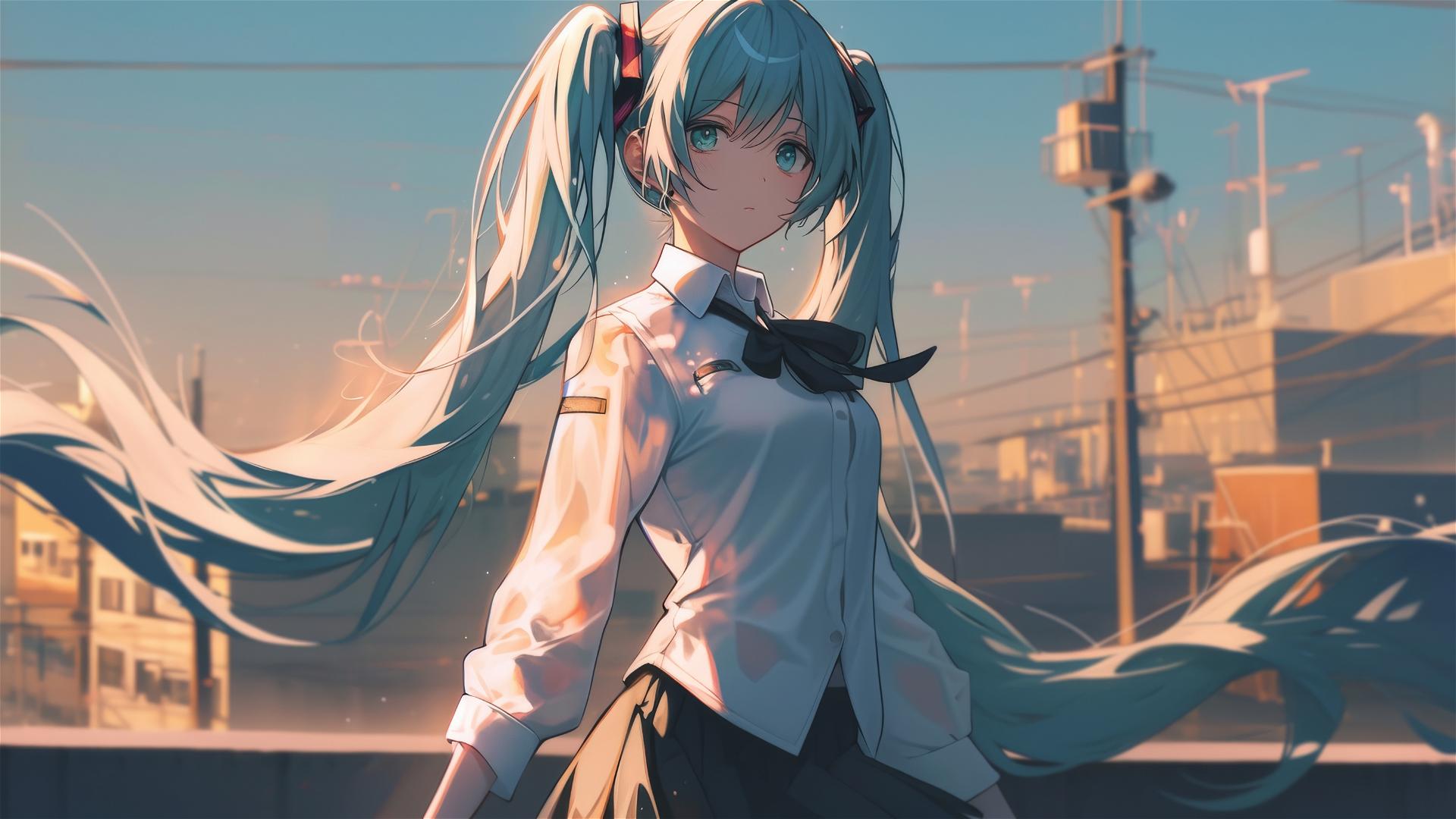 Hatsune Miku in modern white shirt with urban backdrop
