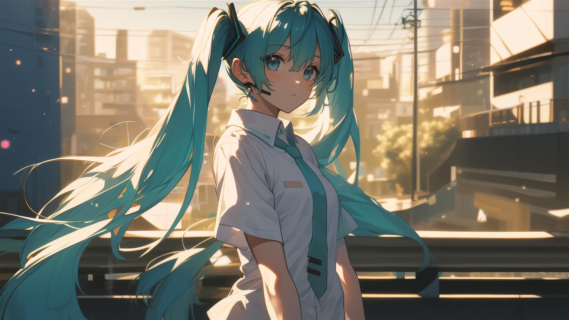 Hatsune Miku in a modern white shirt with a blurred city backdrop in sunlight