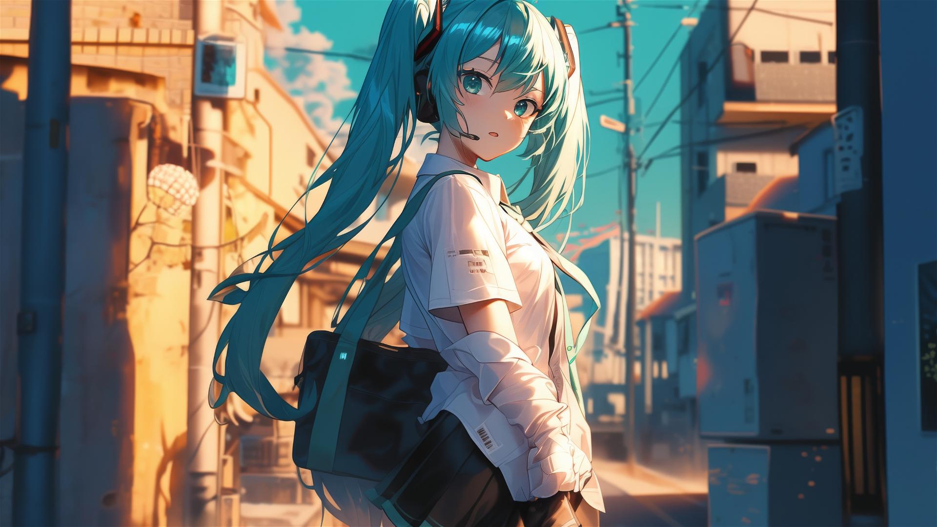 Hatsune Miku in a white shirt walking toward the camera with a blurred urban background in sunlight