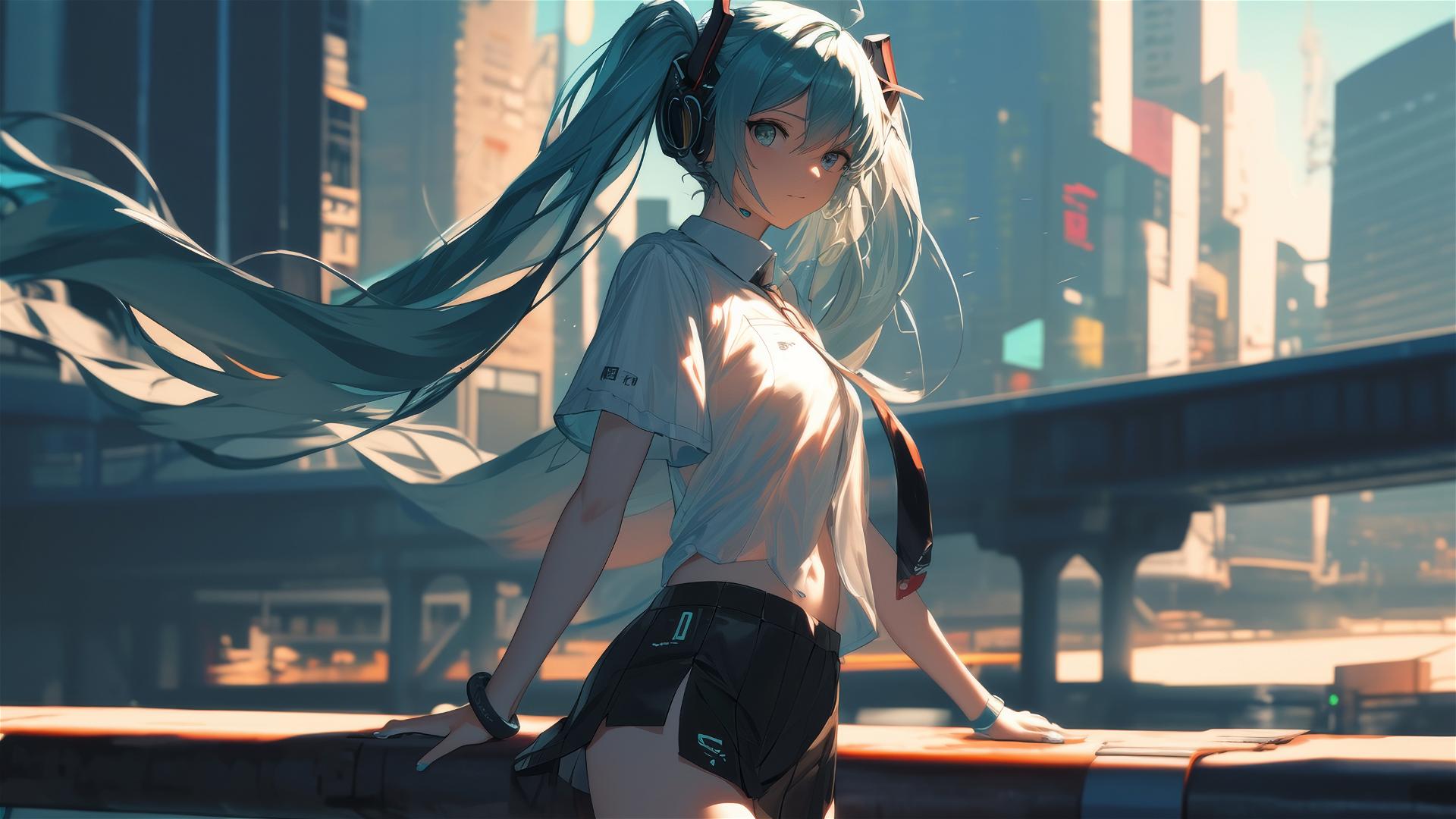 Hatsune Miku in a white shirt with blurred city background