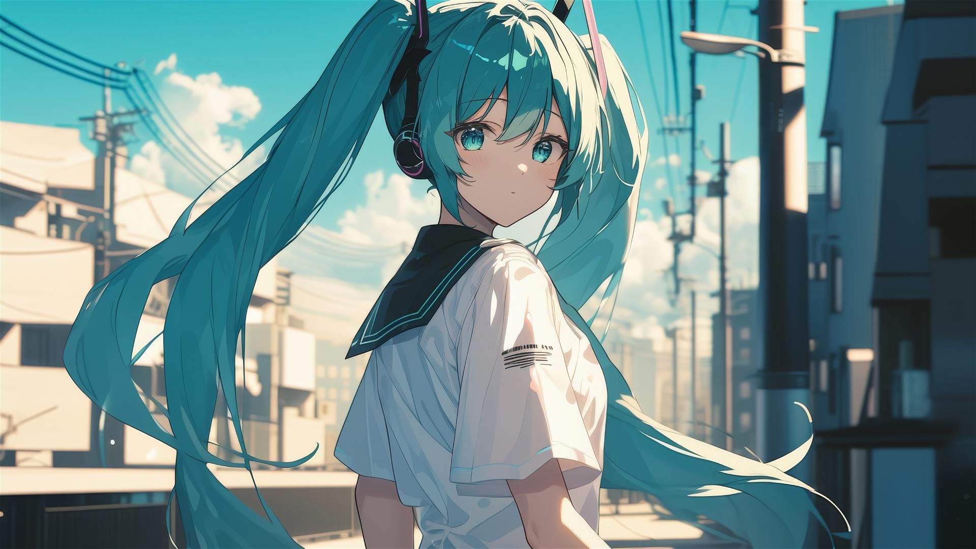 Hatsune Miku in white shirt with a blurred city backdrop