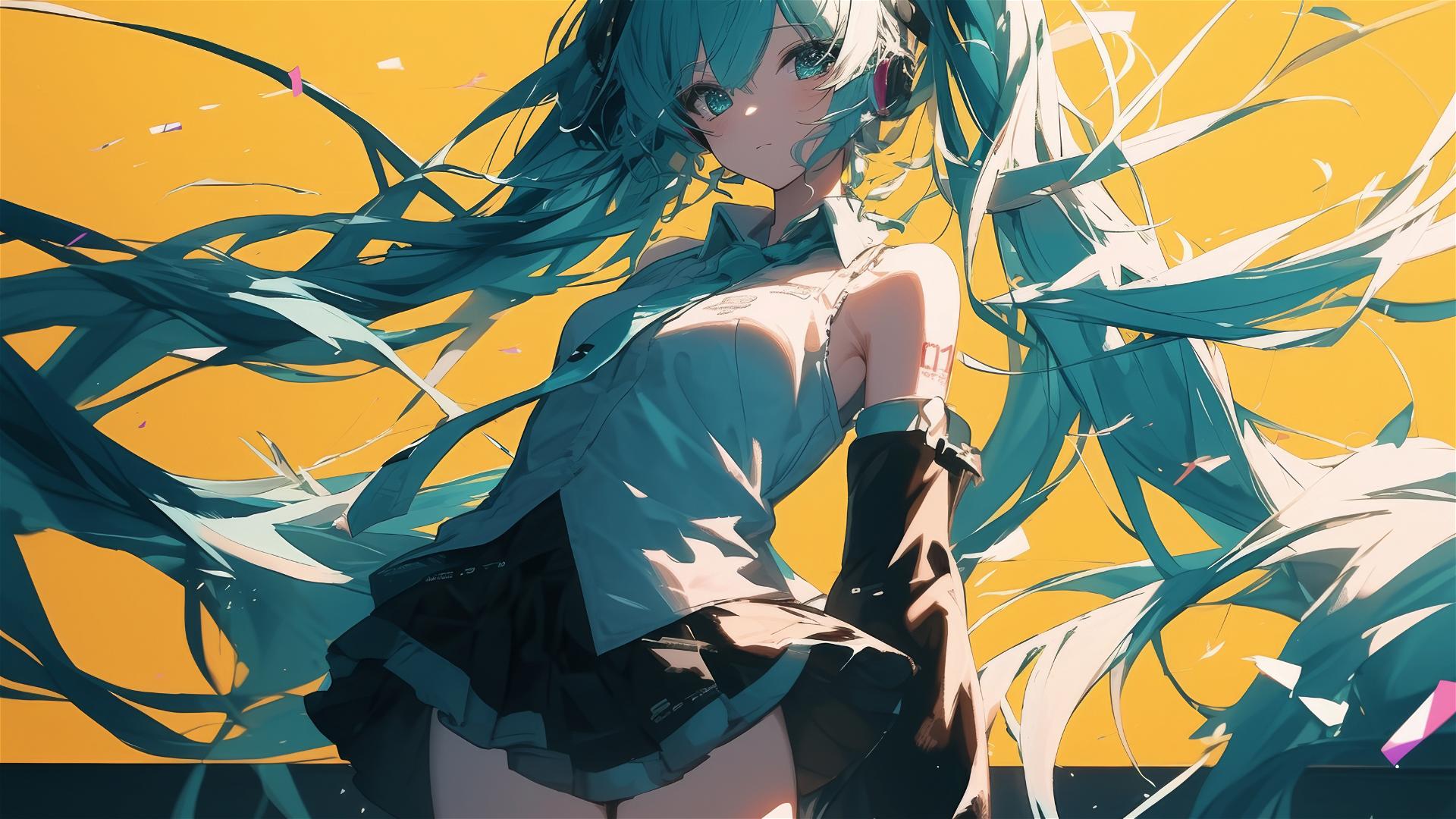 Artistic shot of Hatsune Miku with spotlight on yellow background