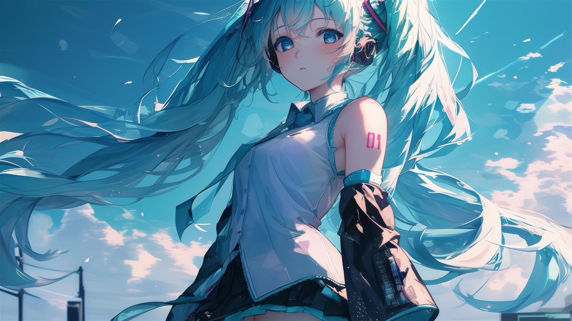 Hatsune Miku from Vocaloid with blue background and spotlight effect