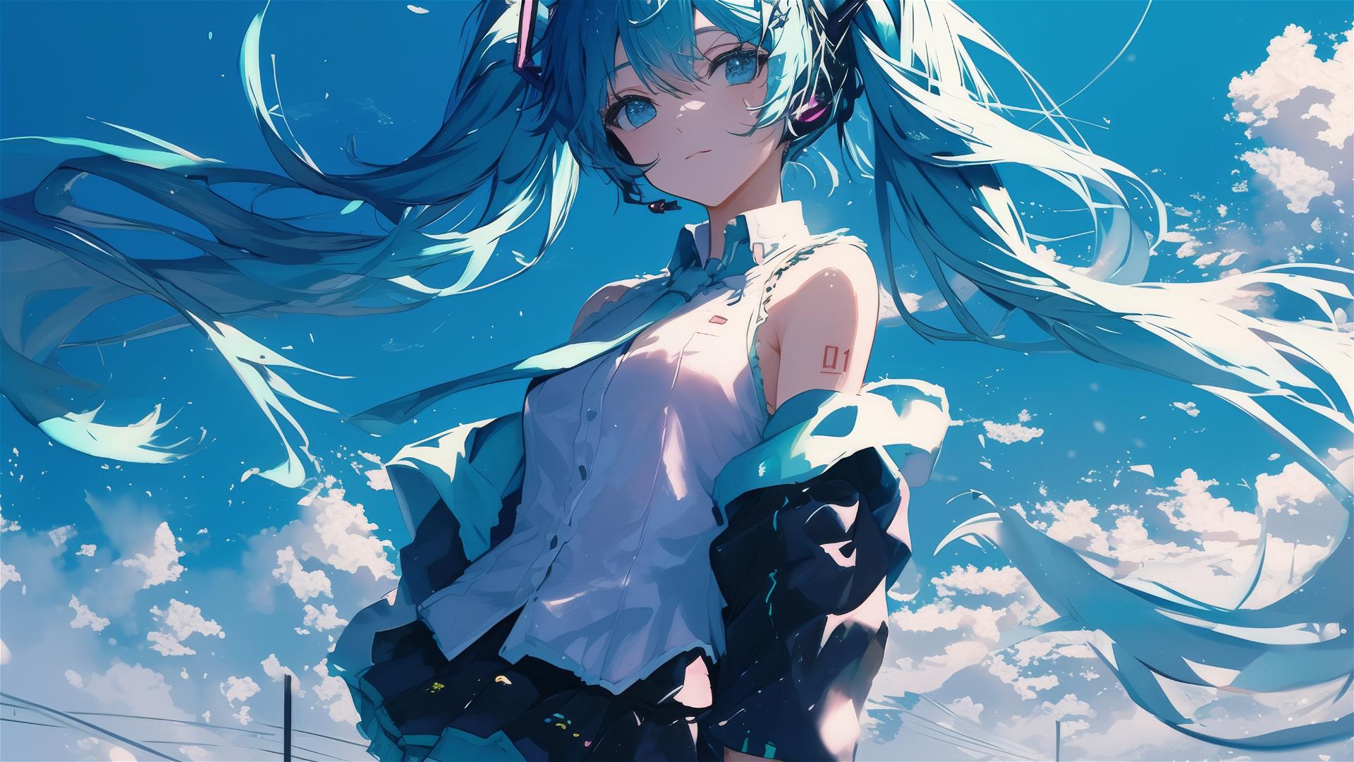 Hatsune Miku from Vocaloid with blue backdrop and spotlight