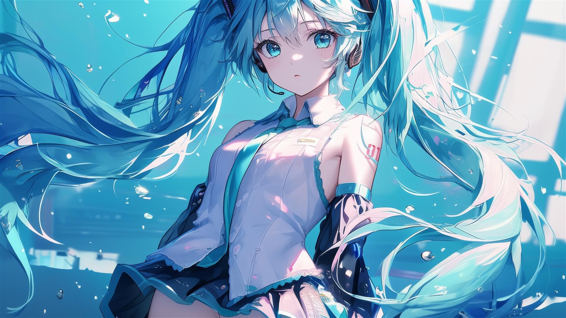 Hatsune Miku under spotlight on blue background