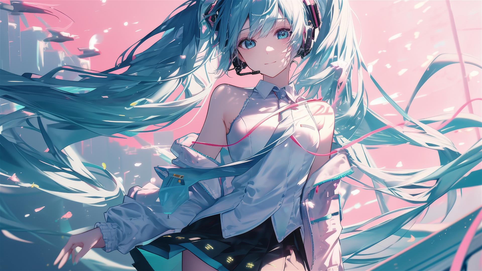 Hatsune Miku from Vocaloid isolated on pink, under spotlight